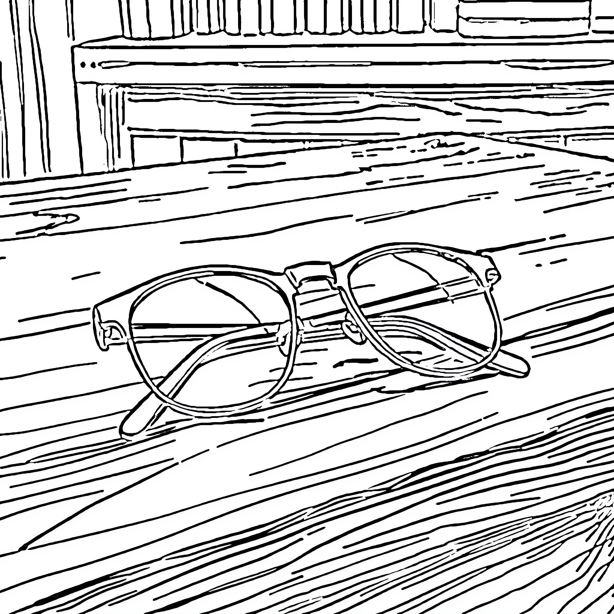 Eyeglasses on wooden desk amid abstract lines Coloring Page (free black-and-white line drawing printable PDF for all, from beginners to advanced learners, including children, teens, adults, and seniors)