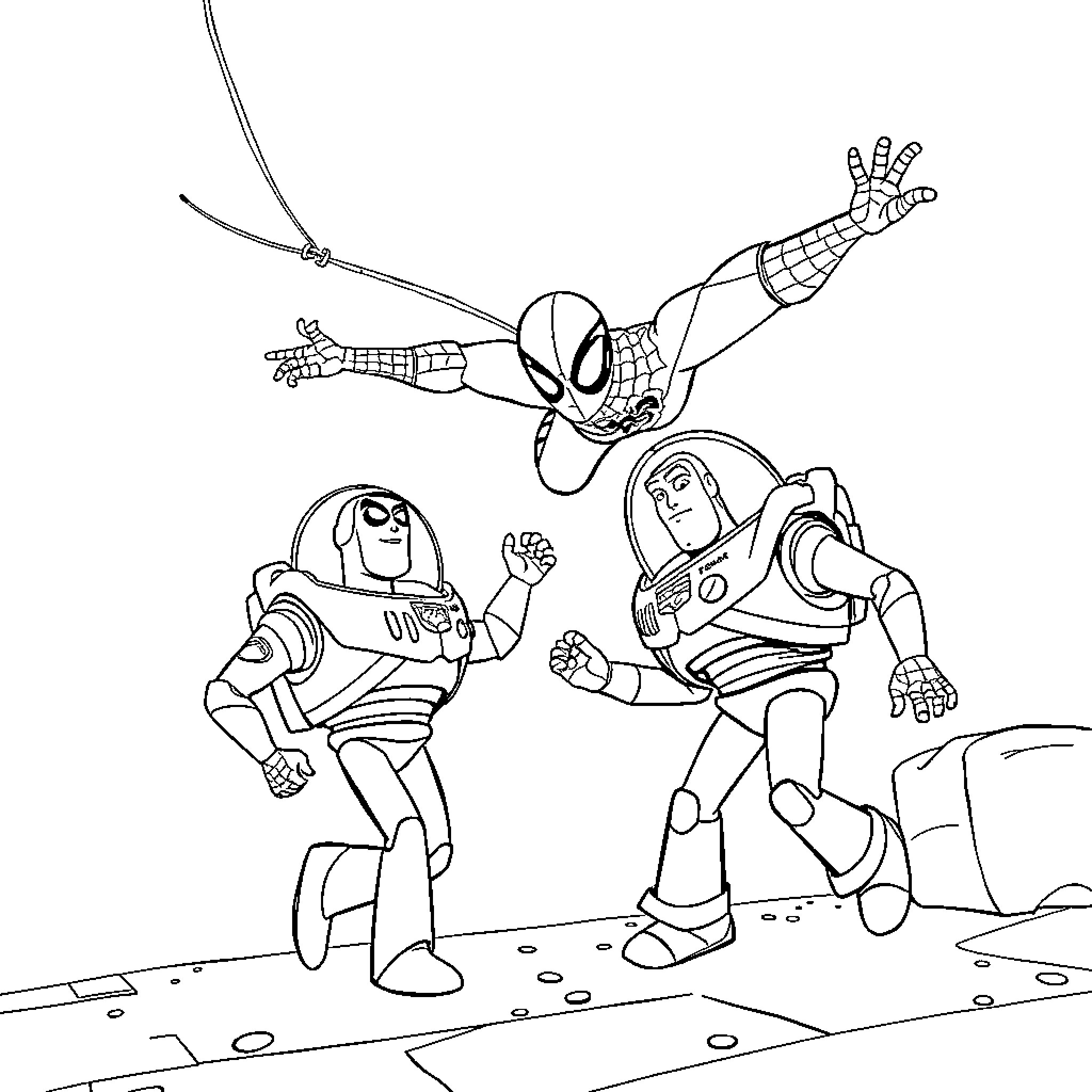 Spiderman swinging above Buzz Lightyear running Coloring Page (free black-and-white line drawing printable PDF for all, from beginners to advanced learners, including children, teens, adults, and seniors)