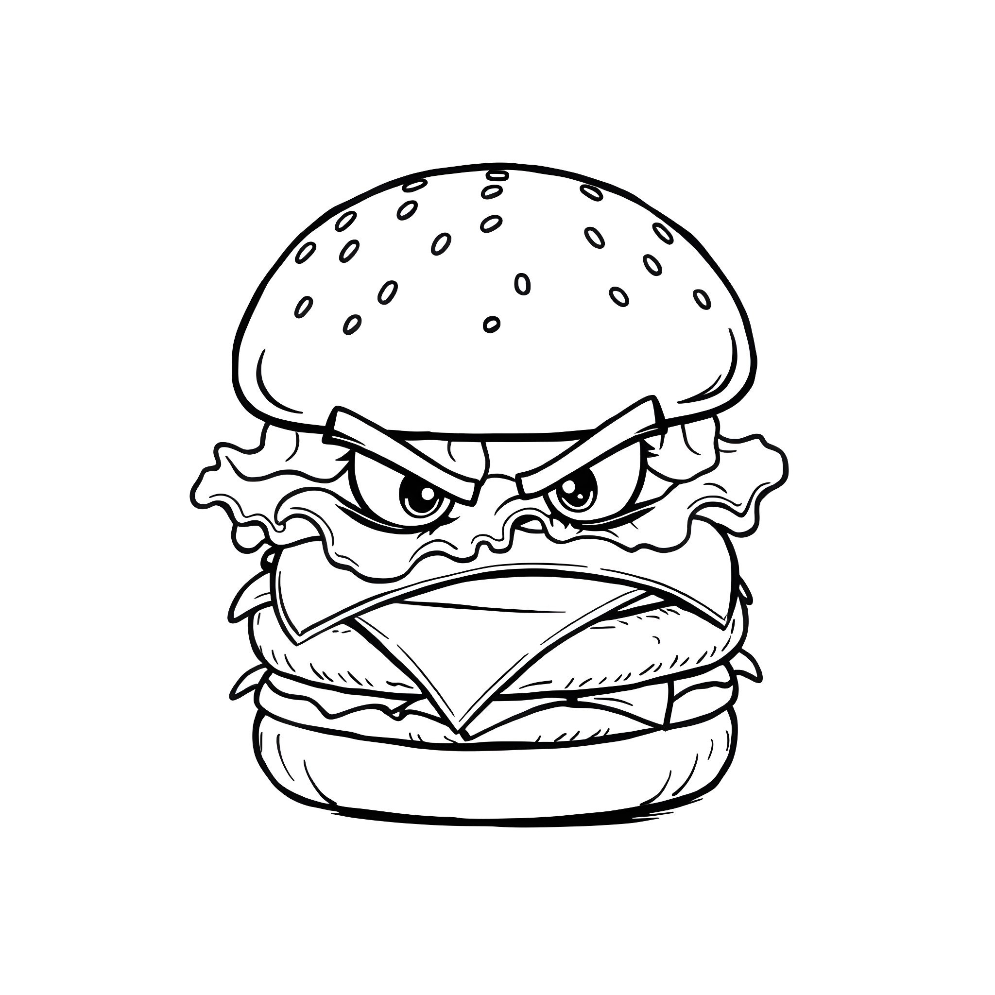 Hamburger with angry expression Coloring Page (free black-and-white line drawing printable PDF for all, from beginners to advanced learners, including children, teens, adults, and seniors)