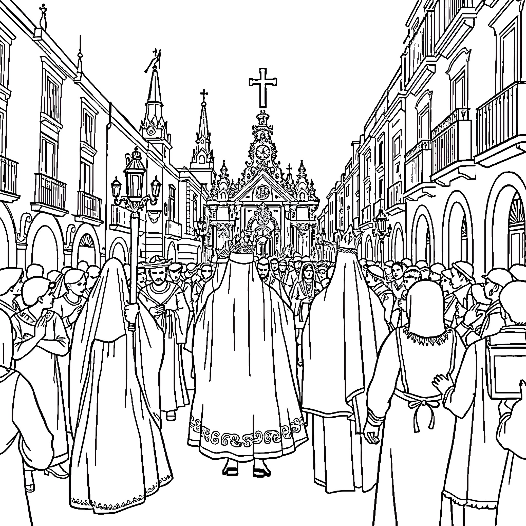Semana Santa: Processional Celebration in the City Coloring Page (free black-and-white line drawing printable PDF for all, from beginners to advanced learners, including children, teens, adults, and seniors)