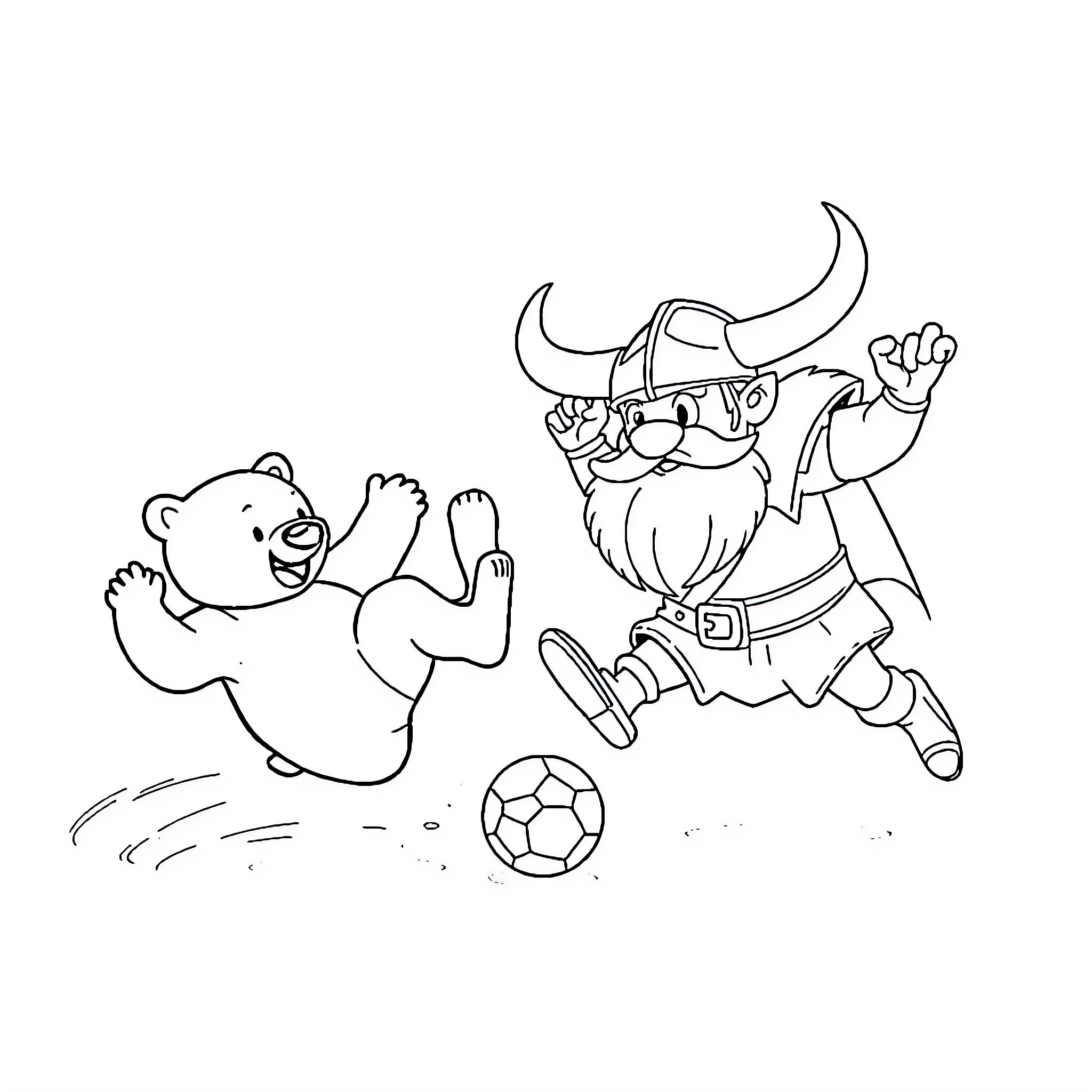 Polar Bear Playing Soccer with Viking Coloring Page (free black-and-white line drawing printable PDF for all, from beginners to advanced learners, including children, teens, adults, and seniors)