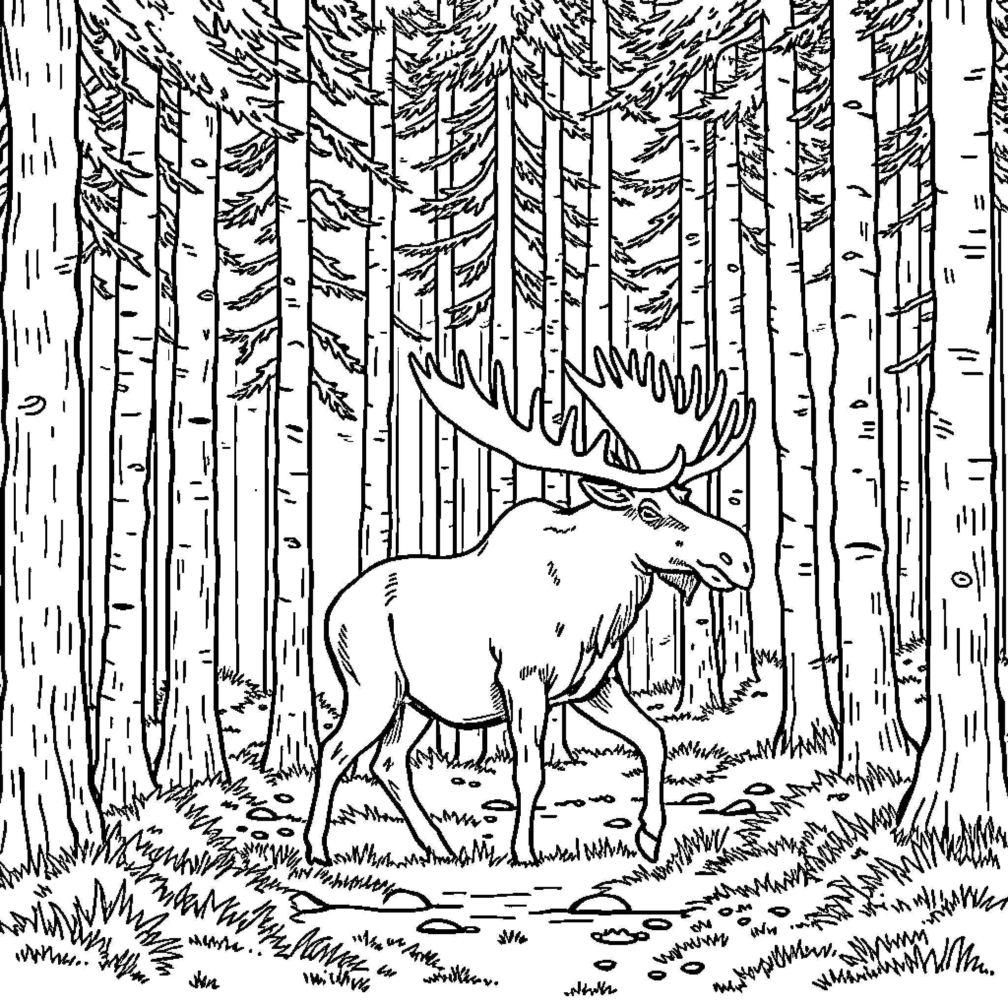 Moose roaming peacefully through the dense forest Coloring Page (free black-and-white line drawing printable PDF for all, from beginners to advanced learners, including children, teens, adults, and seniors)