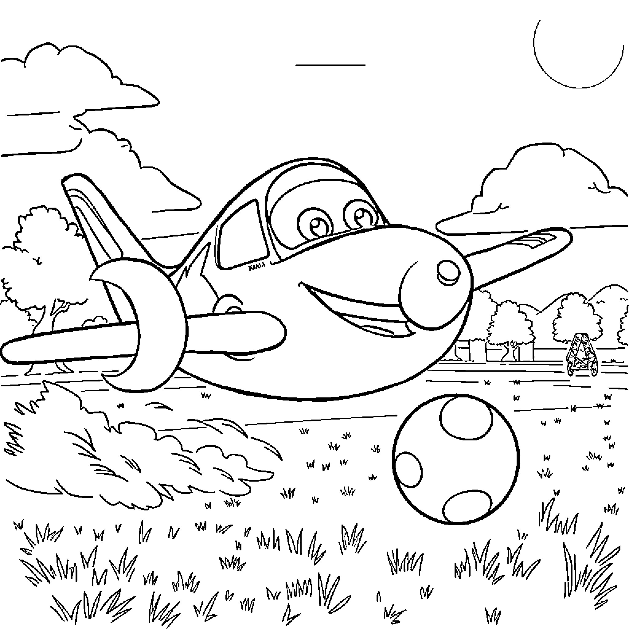 Dusty airplane soaring happily in the countryside Coloring Page (free black-and-white line drawing printable PDF for all, from beginners to advanced learners, including children, teens, adults, and seniors)