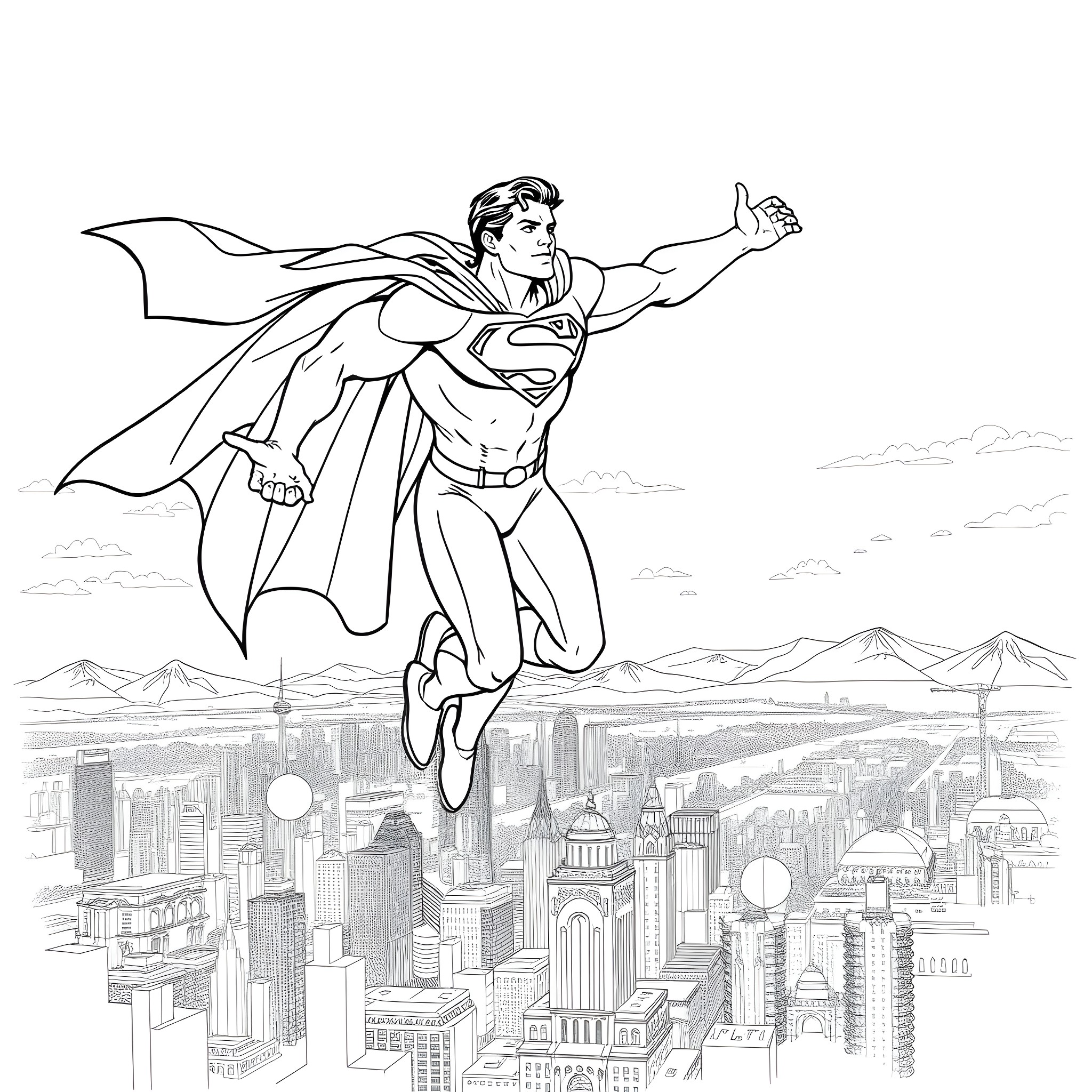 Superman soaring over the city with heroic pose Coloring Page (free black-and-white line drawing printable PDF for all, from beginners to advanced learners, including children, teens, adults, and seniors)