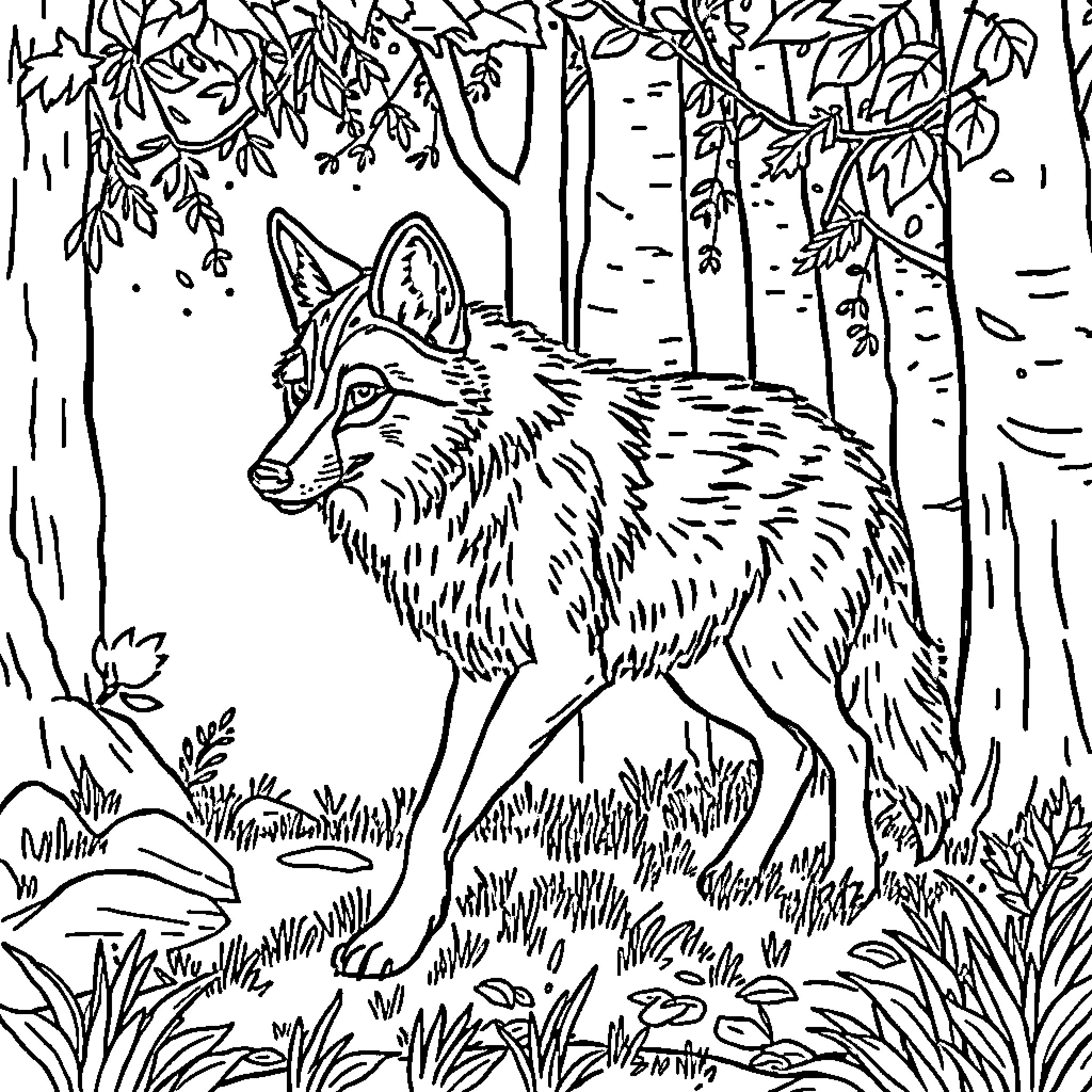 Loup Garou roaming through the forest Coloring Page (free black-and-white line drawing printable PDF for all, from beginners to advanced learners, including children, teens, adults, and seniors)