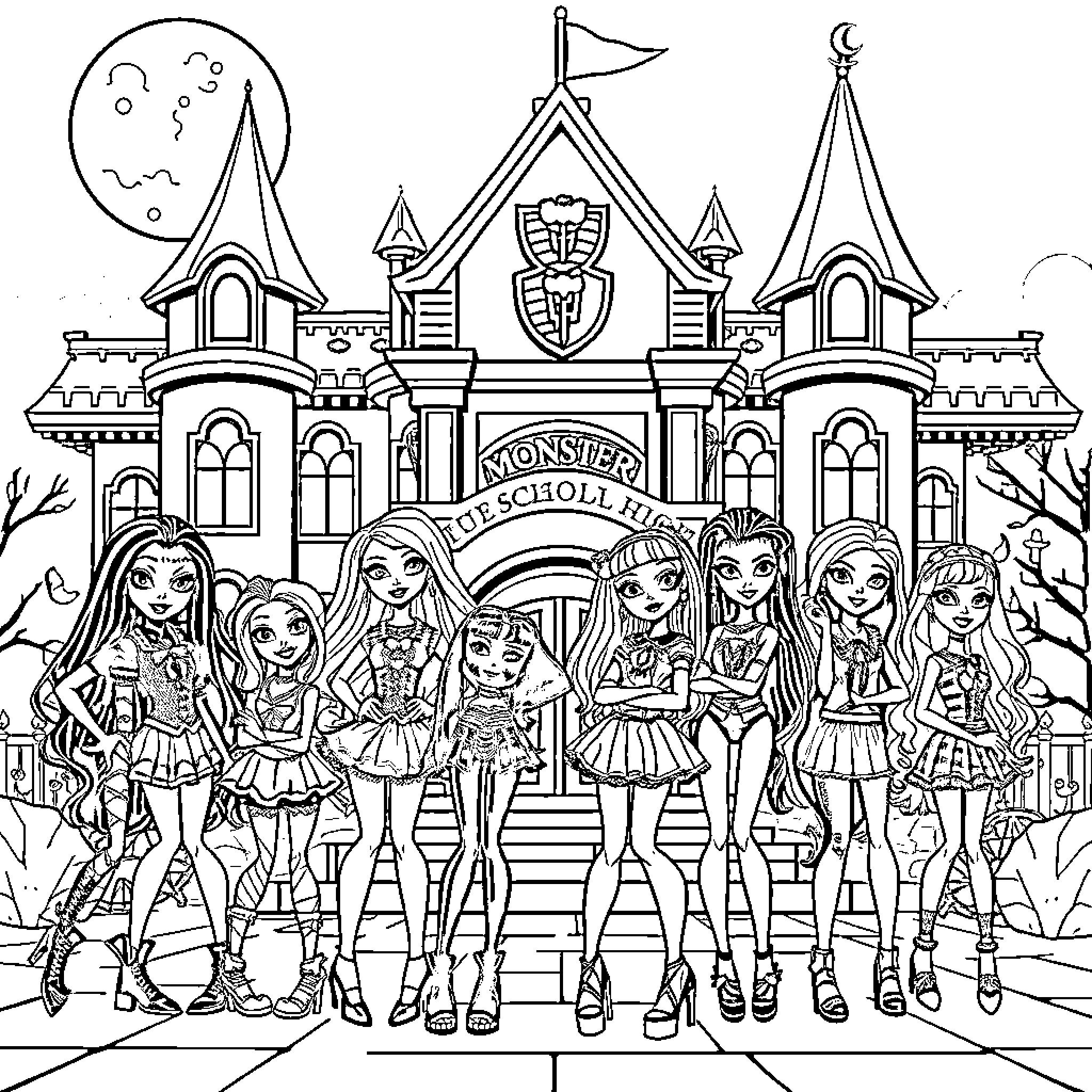 Monster High characters posing together in front of school Coloring Page (free black-and-white line drawing printable PDF for all, from beginners to advanced learners, including children, teens, adults, and seniors)