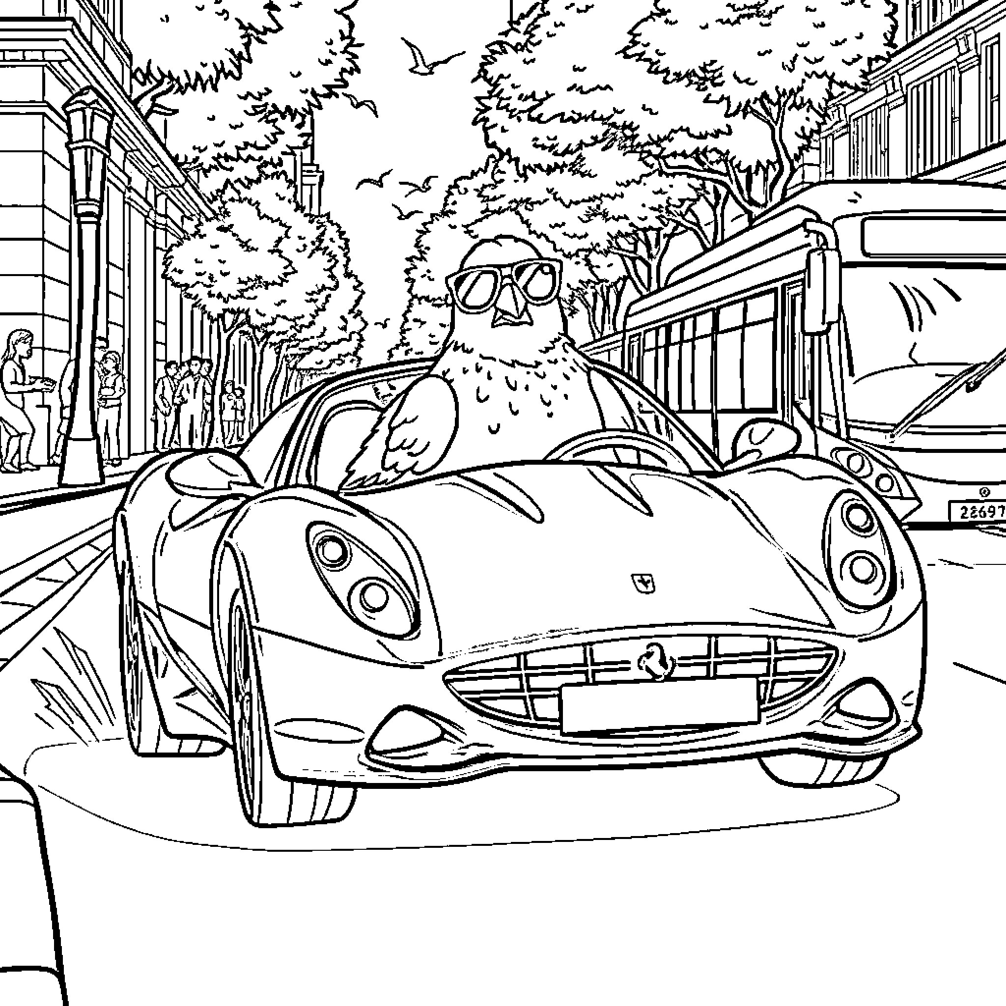 Pigeon riding a sports car on a city street Coloring Page (free black-and-white line drawing printable PDF for all, from beginners to advanced learners, including children, teens, adults, and seniors)