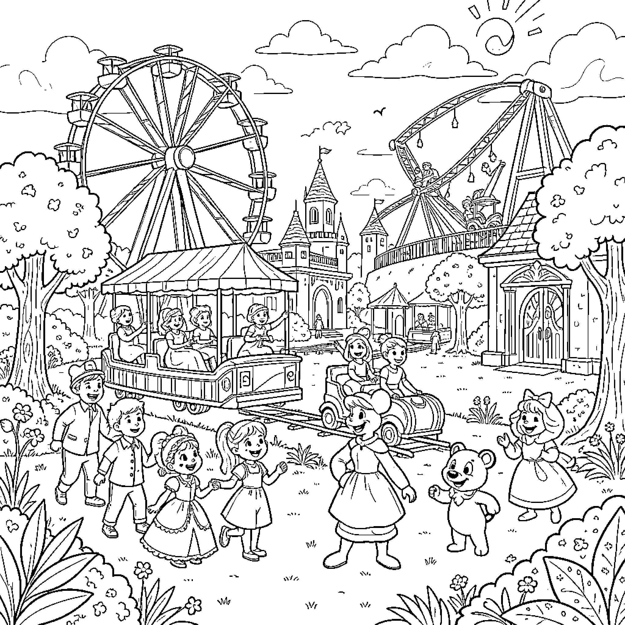 Disney Characters Enjoying a Lively Carnival Outing Coloring Page (free black-and-white line drawing printable PDF for all, from beginners to advanced learners, including children, teens, adults, and seniors)