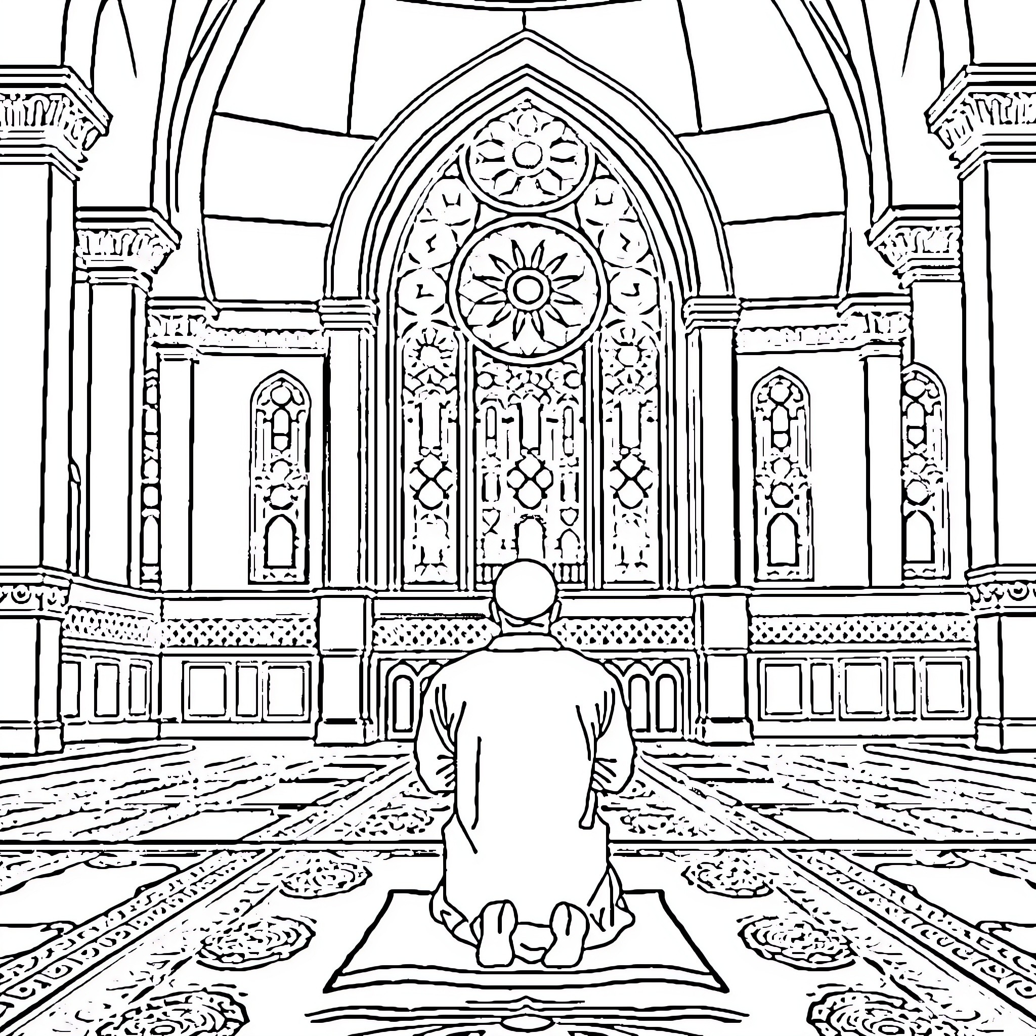 Sonic Praying in a Majestic Cathedral Coloring Page (free black-and-white line drawing printable PDF for all, from beginners to advanced learners, including children, teens, adults, and seniors)