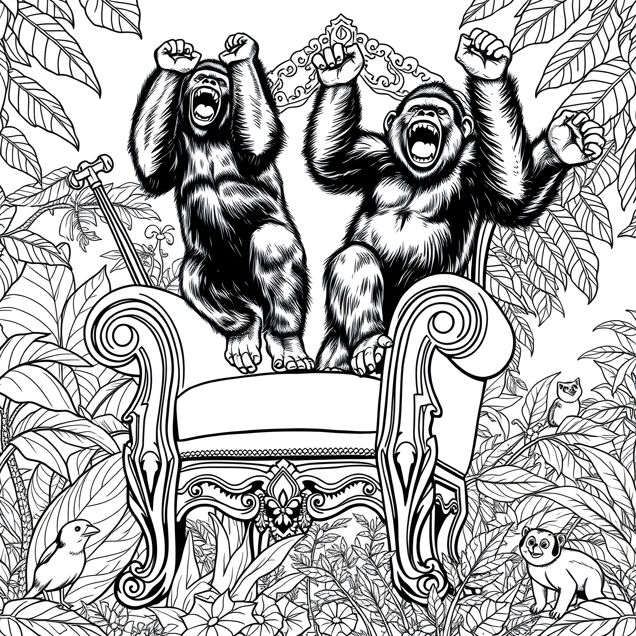 Gorilla Siblings Celebrating with Triumph on Ornate Throne Coloring Page (free black-and-white line drawing printable PDF for all, from beginners to advanced learners, including children, teens, adults, and seniors)