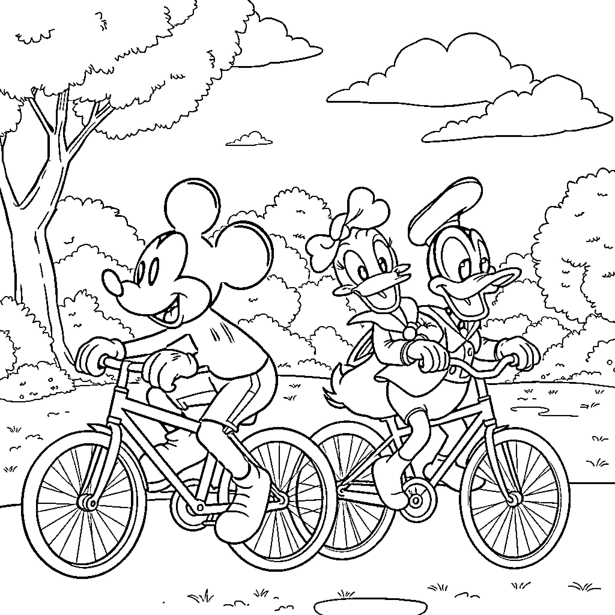 Mickey Mouse and Friends Biking Through the Park Coloring Page (free black-and-white line drawing printable PDF for all, from beginners to advanced learners, including children, teens, adults, and seniors)