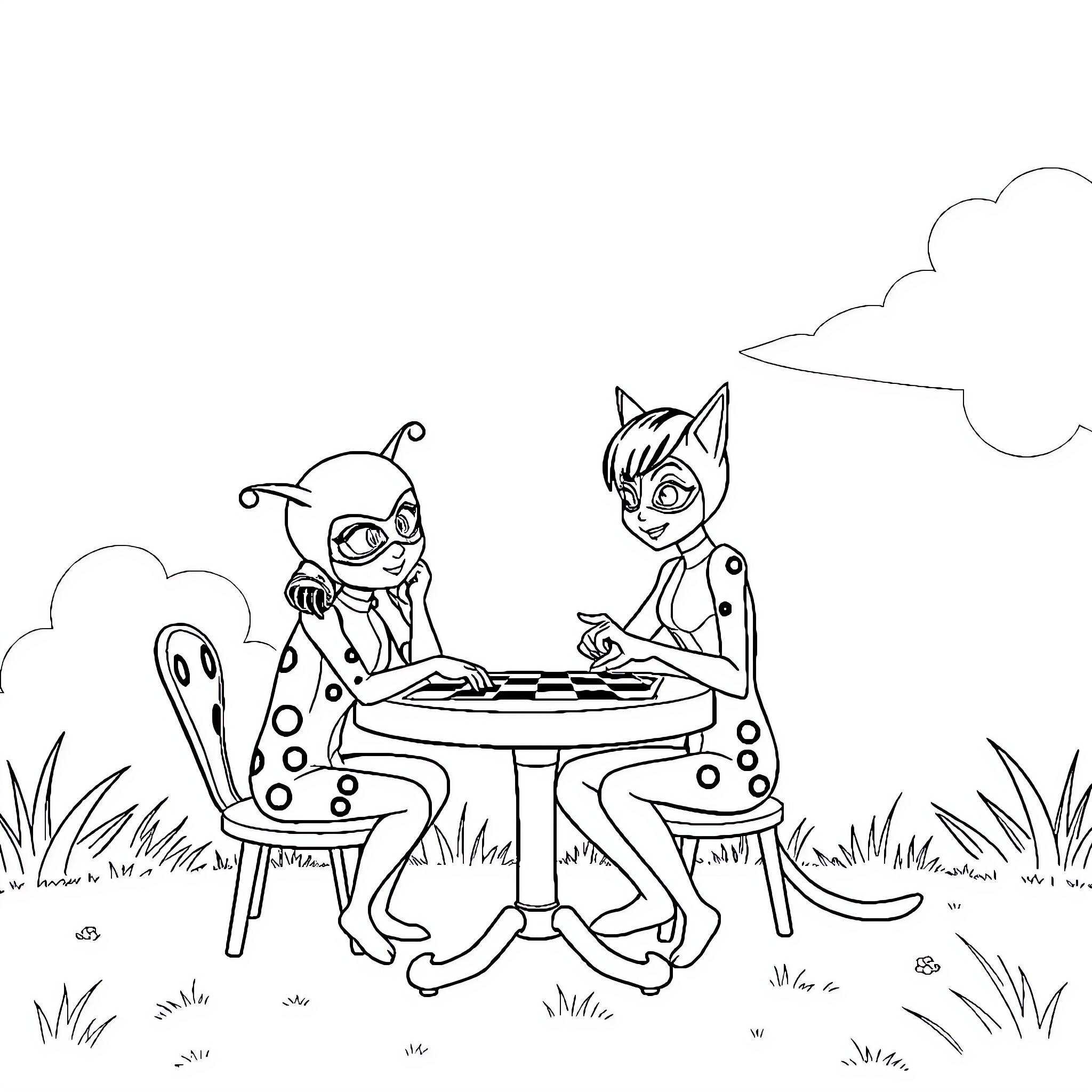 Ladybug friends having a picnic outdoors Coloring Page (free black-and-white line drawing printable PDF for all, from beginners to advanced learners, including children, teens, adults, and seniors)