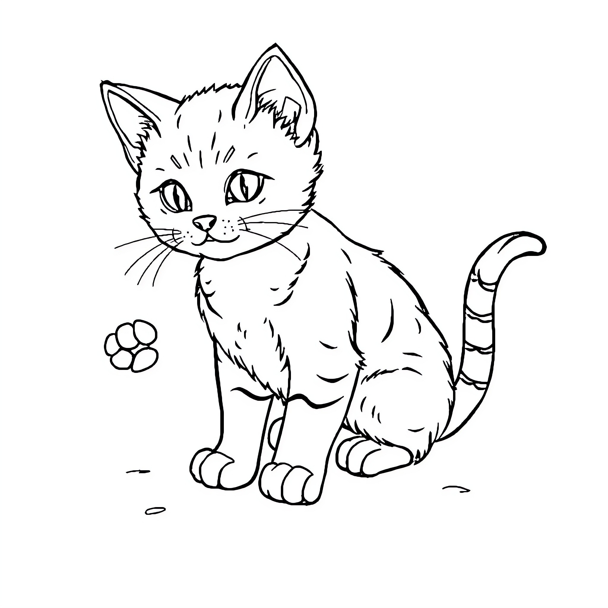 Cat drawing with paw print Coloring Page (free black-and-white line drawing printable PDF for all, from beginners to advanced learners, including children, teens, adults, and seniors)