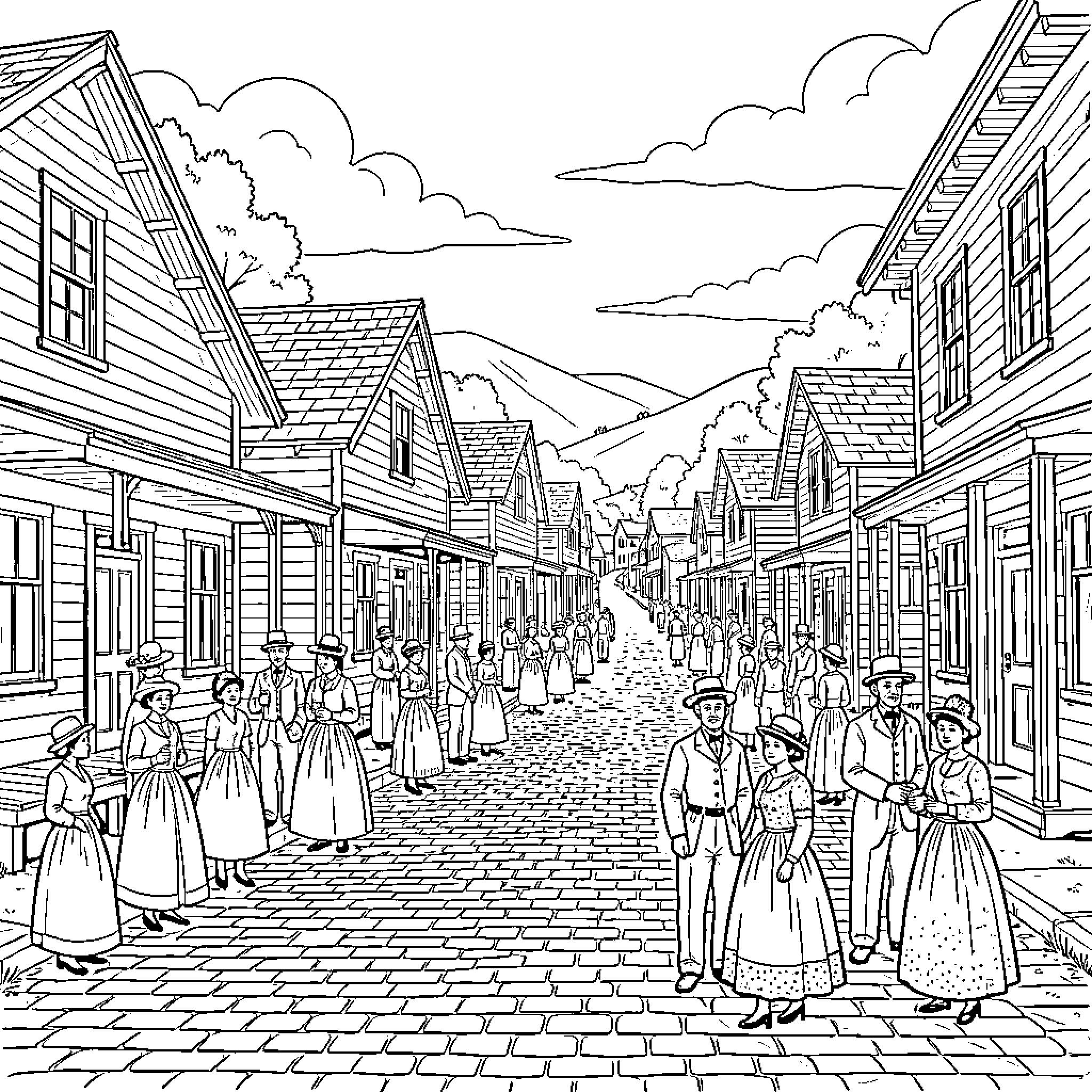 Chile's Historic Street Scene with Bustling Crowd Coloring Page (free black-and-white line drawing printable PDF for all, from beginners to advanced learners, including children, teens, adults, and seniors)