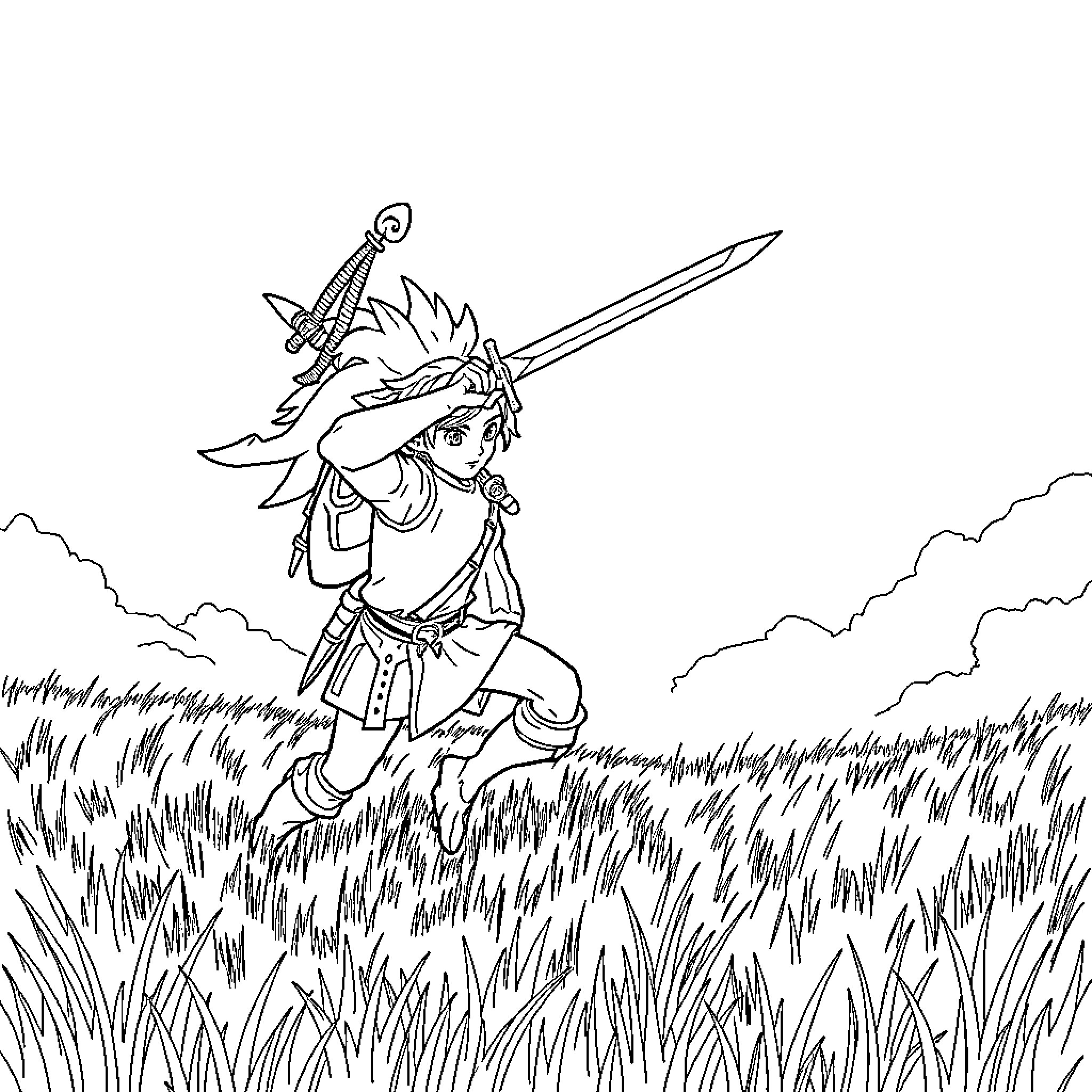 Link battles bravely through the tall grass Coloring Page (free black-and-white line drawing printable PDF for all, from beginners to advanced learners, including children, teens, adults, and seniors)
