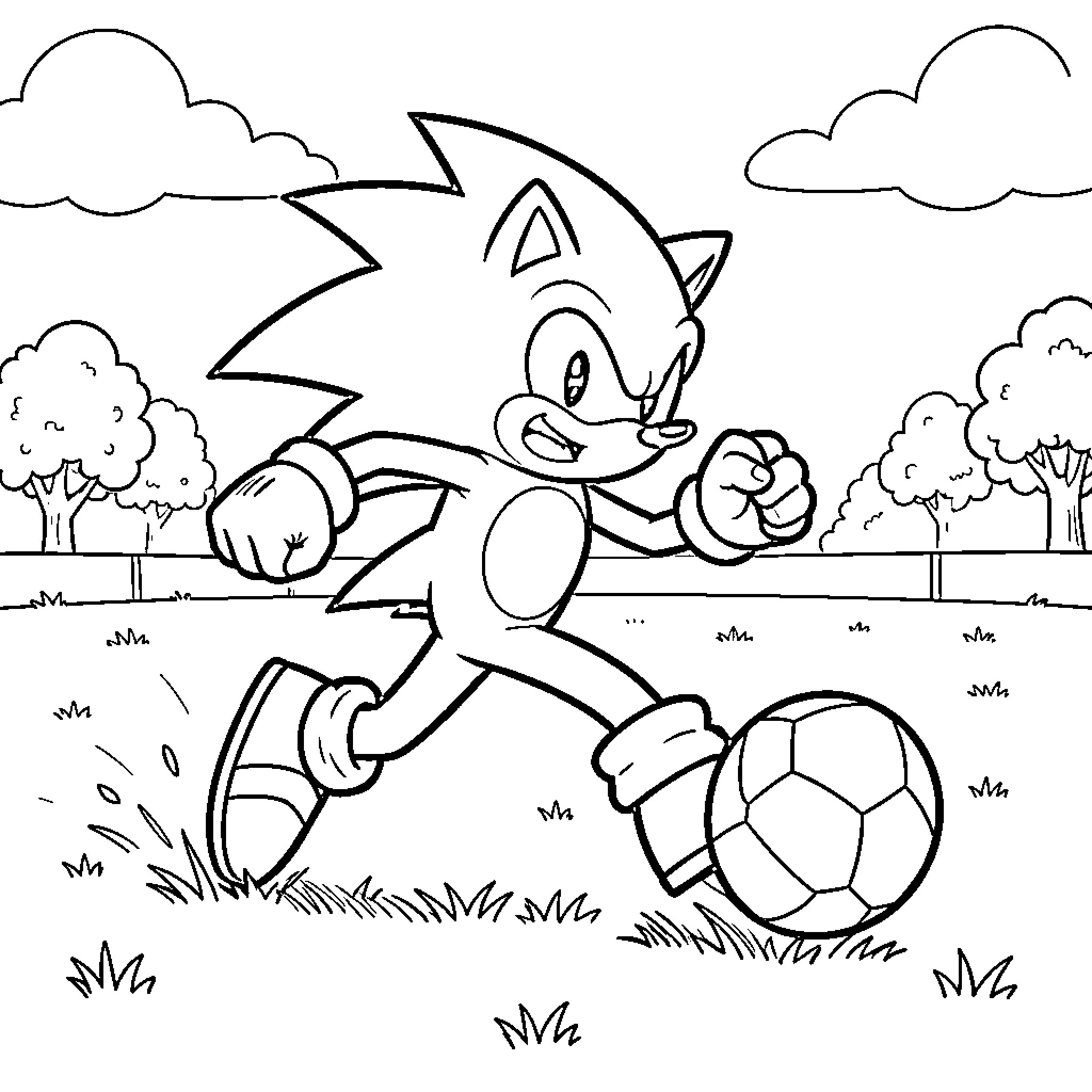 Sonic playing soccer in a grassy field Coloring Page (free black-and-white line drawing printable PDF for all, from beginners to advanced learners, including children, teens, adults, and seniors)
