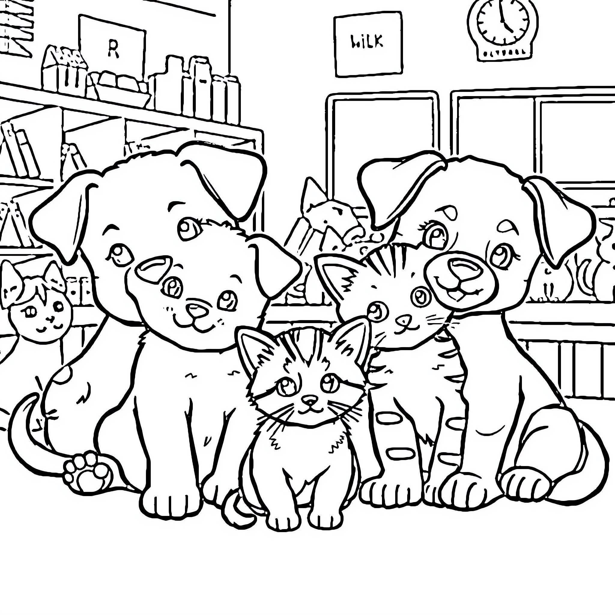 Animal friends in a cozy home Coloring Page (free black-and-white line drawing printable PDF for all, from beginners to advanced learners, including children, teens, adults, and seniors)