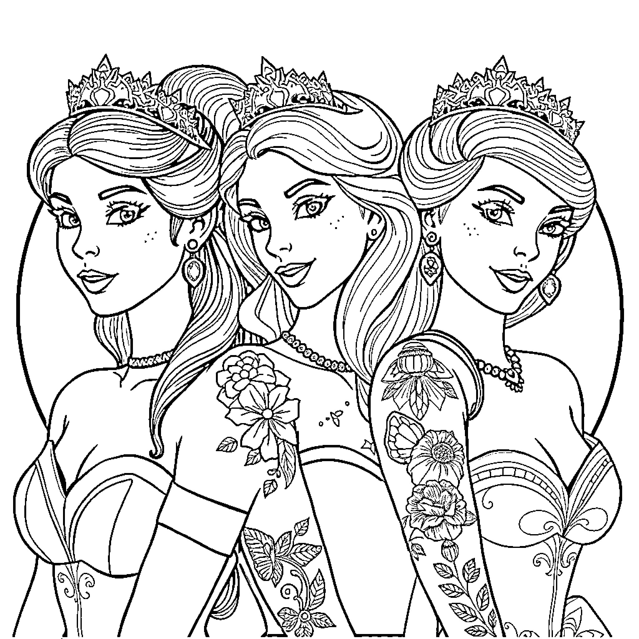 Princess Sisters Sharing a Moment Coloring Page (free black-and-white line drawing printable PDF for all, from beginners to advanced learners, including children, teens, adults, and seniors)