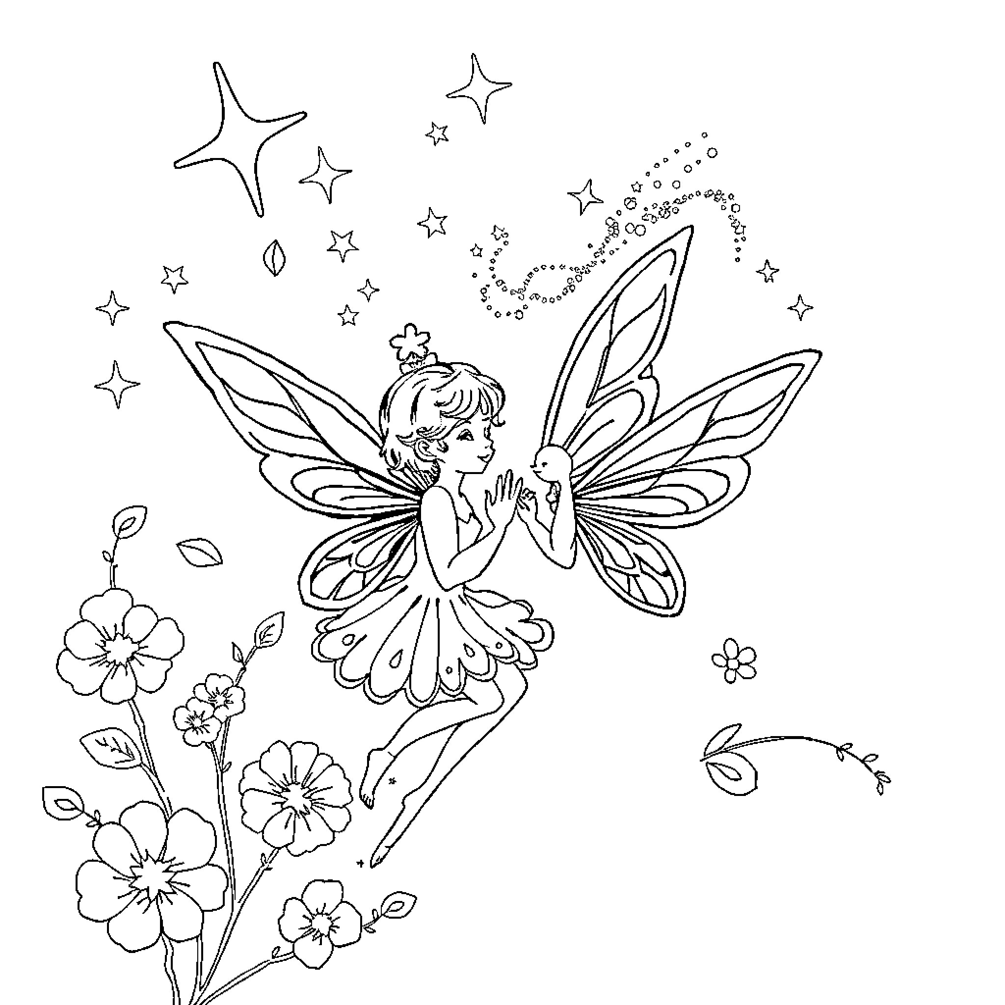 Fairy dancing among the stars and flowers Coloring Page (free black-and-white line drawing printable PDF for all, from beginners to advanced learners, including children, teens, adults, and seniors)