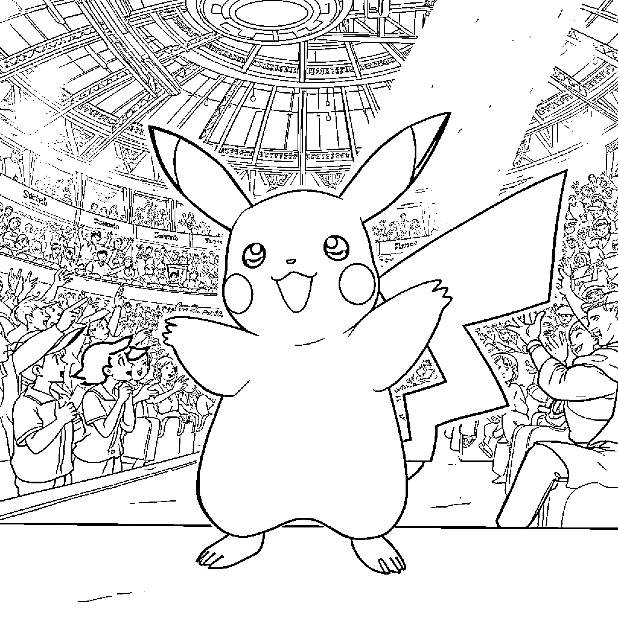 Pikachu celebrating in a crowded stadium Coloring Page (free black-and-white line drawing printable PDF for all, from beginners to advanced learners, including children, teens, adults, and seniors)