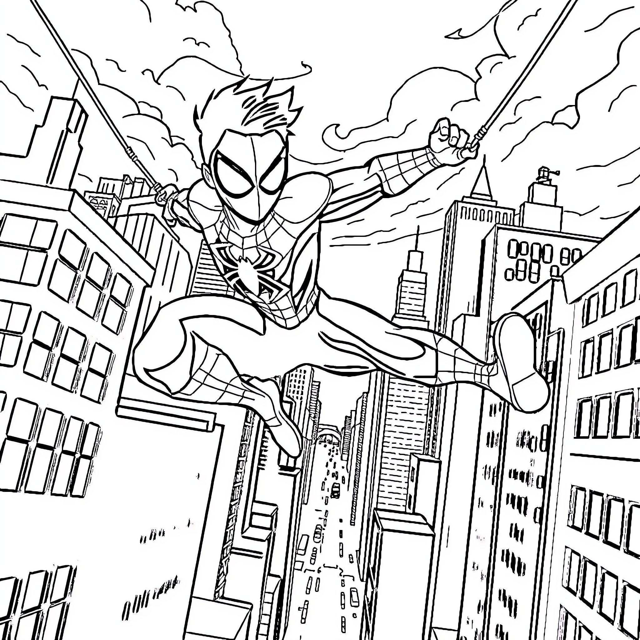 Spider-Man swinging through the city in action Coloring Page (free black-and-white line drawing printable PDF for all, from beginners to advanced learners, including children, teens, adults, and seniors)