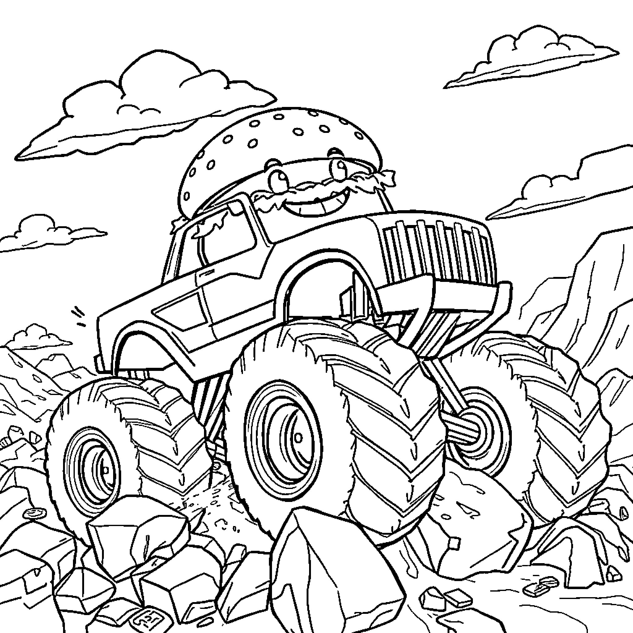 Hamburger monster truck traversing rocky terrain Coloring Page (free black-and-white line drawing printable PDF for all, from beginners to advanced learners, including children, teens, adults, and seniors)