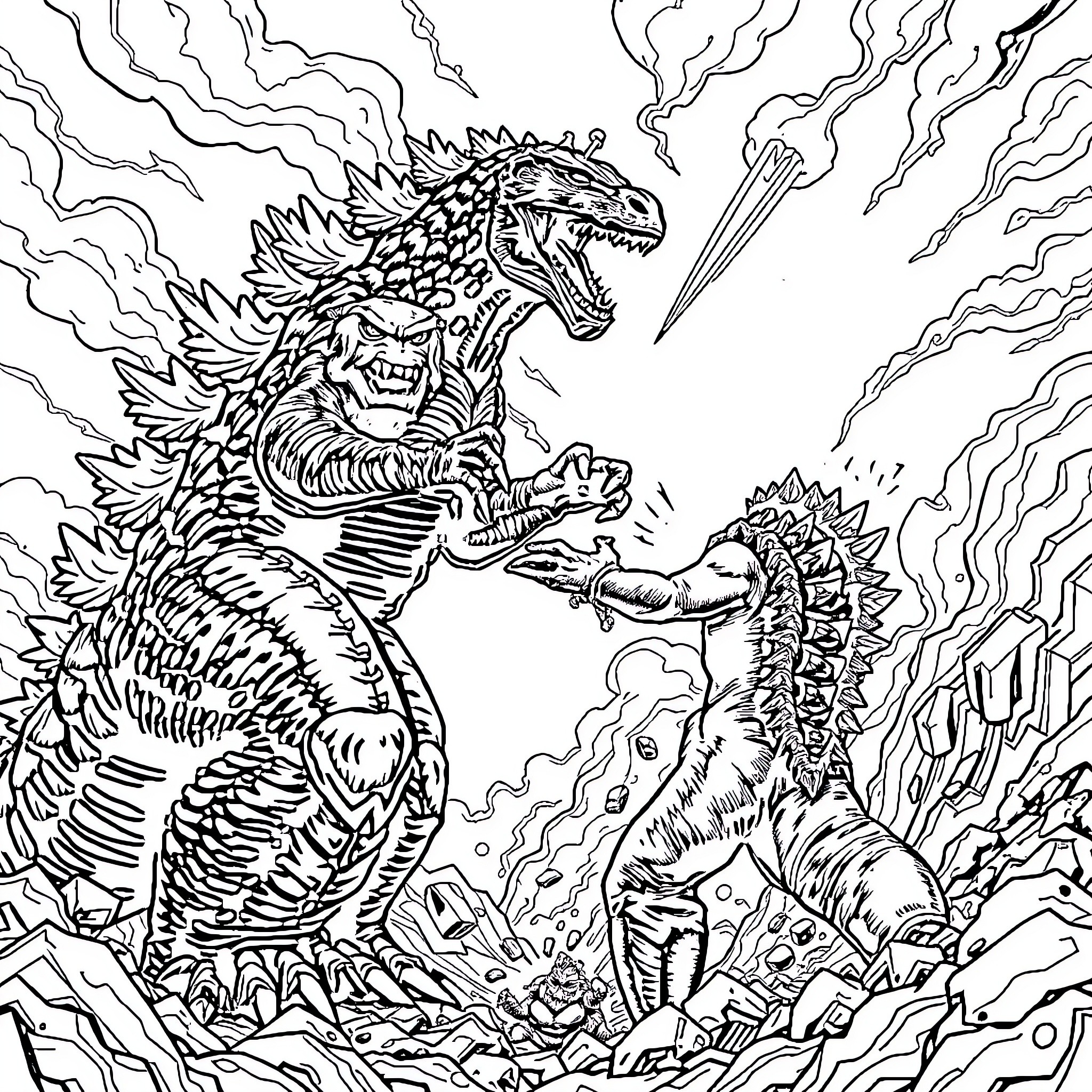 Monster Creatures Fighting Fiercely in Chaotic Scene Coloring Page (free black-and-white line drawing printable PDF for all, from beginners to advanced learners, including children, teens, adults, and seniors)