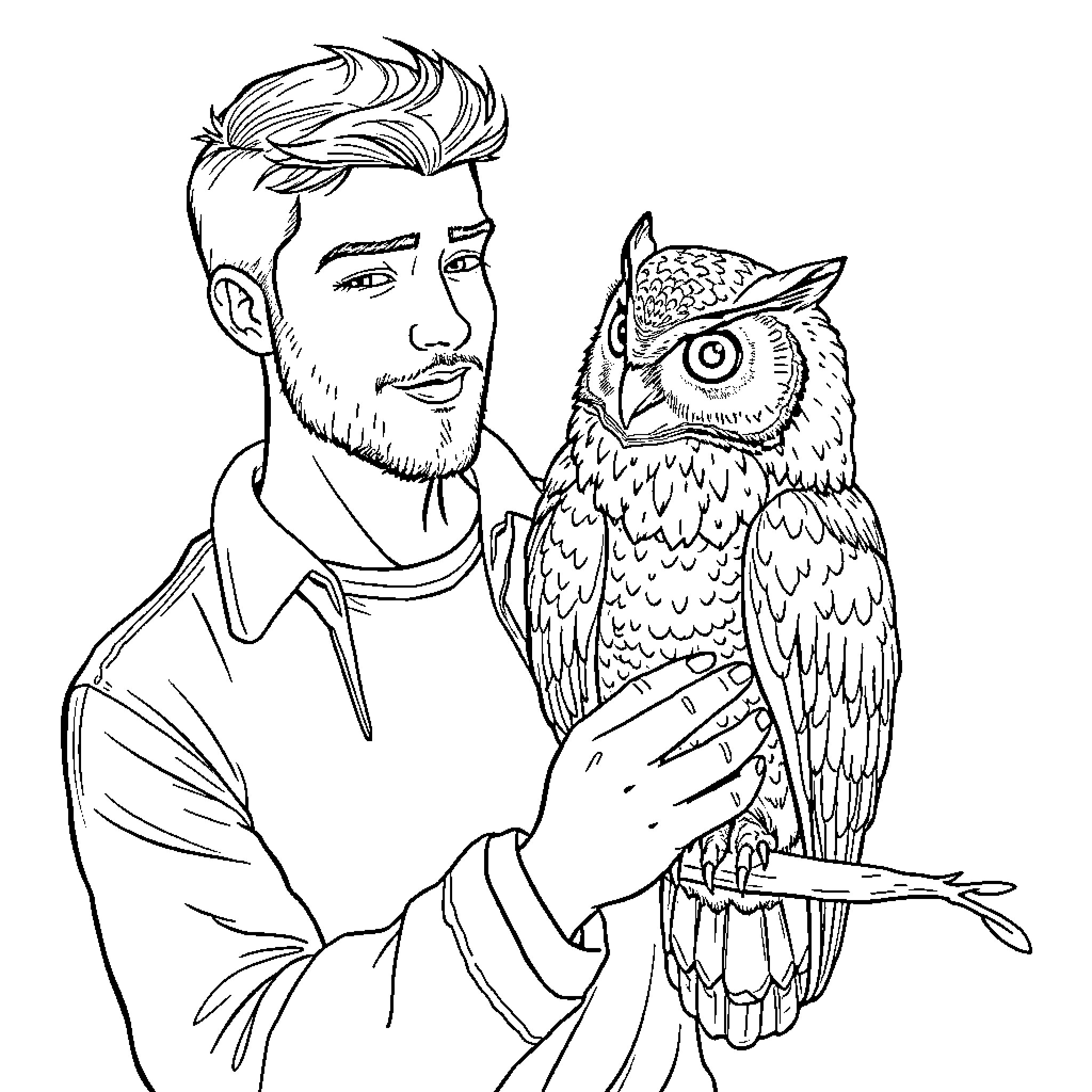Drake with an Owl in Contemplation Coloring Page (free black-and-white line drawing printable PDF for all, from beginners to advanced learners, including children, teens, adults, and seniors)