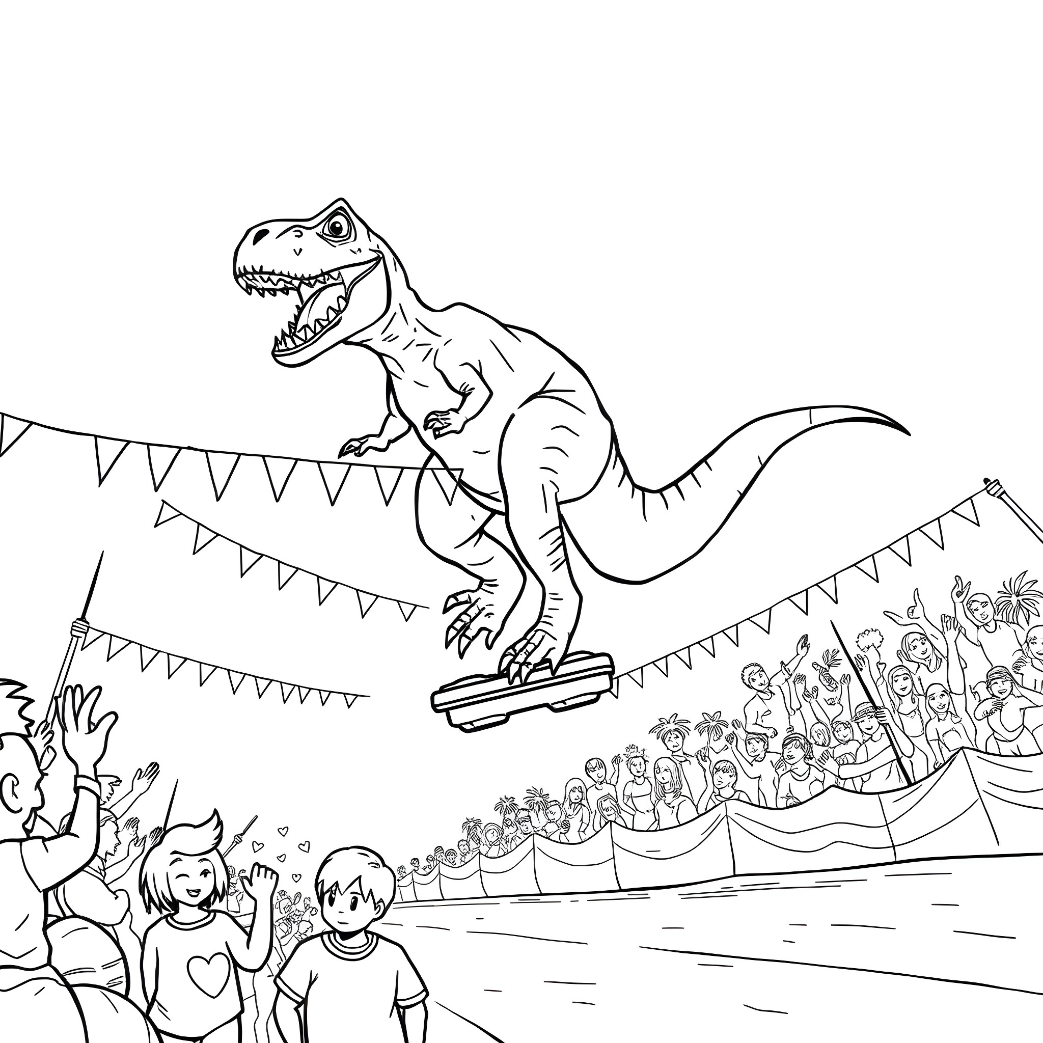 T-Rex Performing at a Carnival or Festival Coloring Page (free black-and-white line drawing printable PDF for all, from beginners to advanced learners, including children, teens, adults, and seniors)