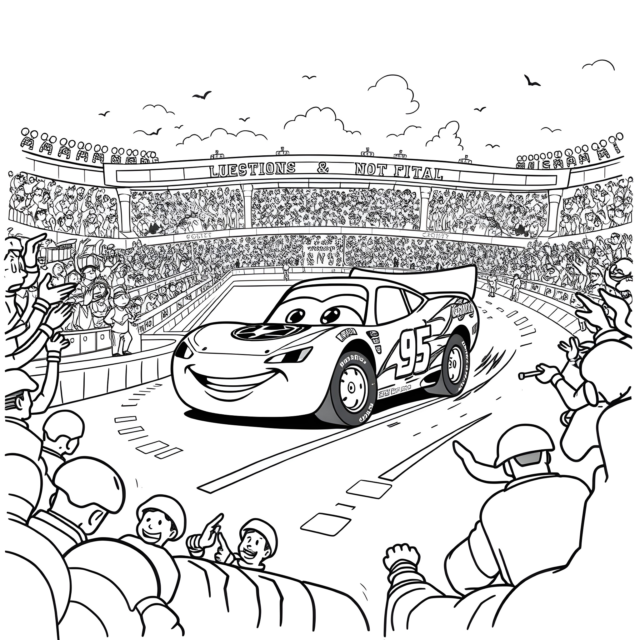 Lightning McQueen races in a packed stadium Coloring Page (free black-and-white line drawing printable PDF for all, from beginners to advanced learners, including children, teens, adults, and seniors)