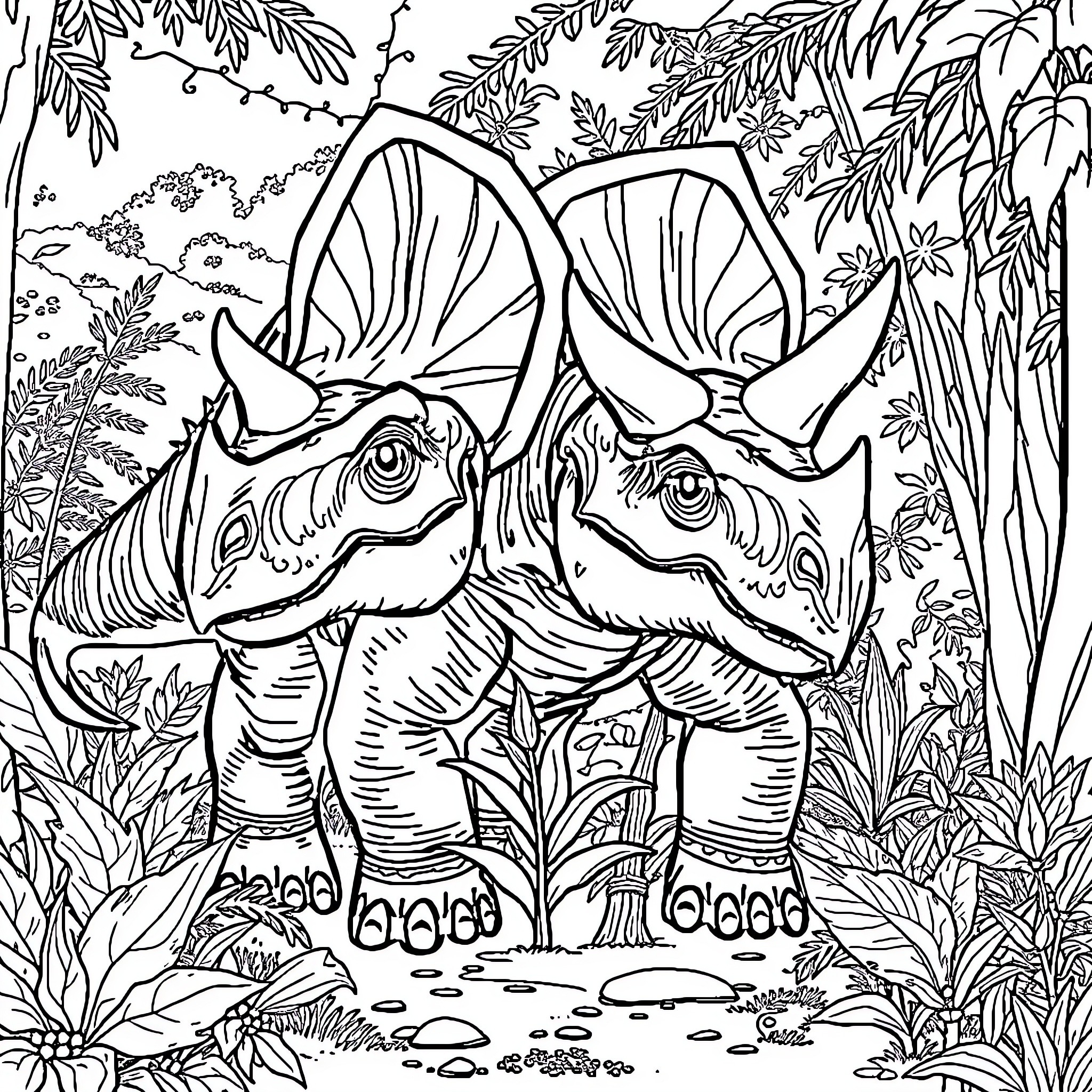 Triceratops exploring lush forest habitat Coloring Page (free black-and-white line drawing printable PDF for all, from beginners to advanced learners, including children, teens, adults, and seniors)