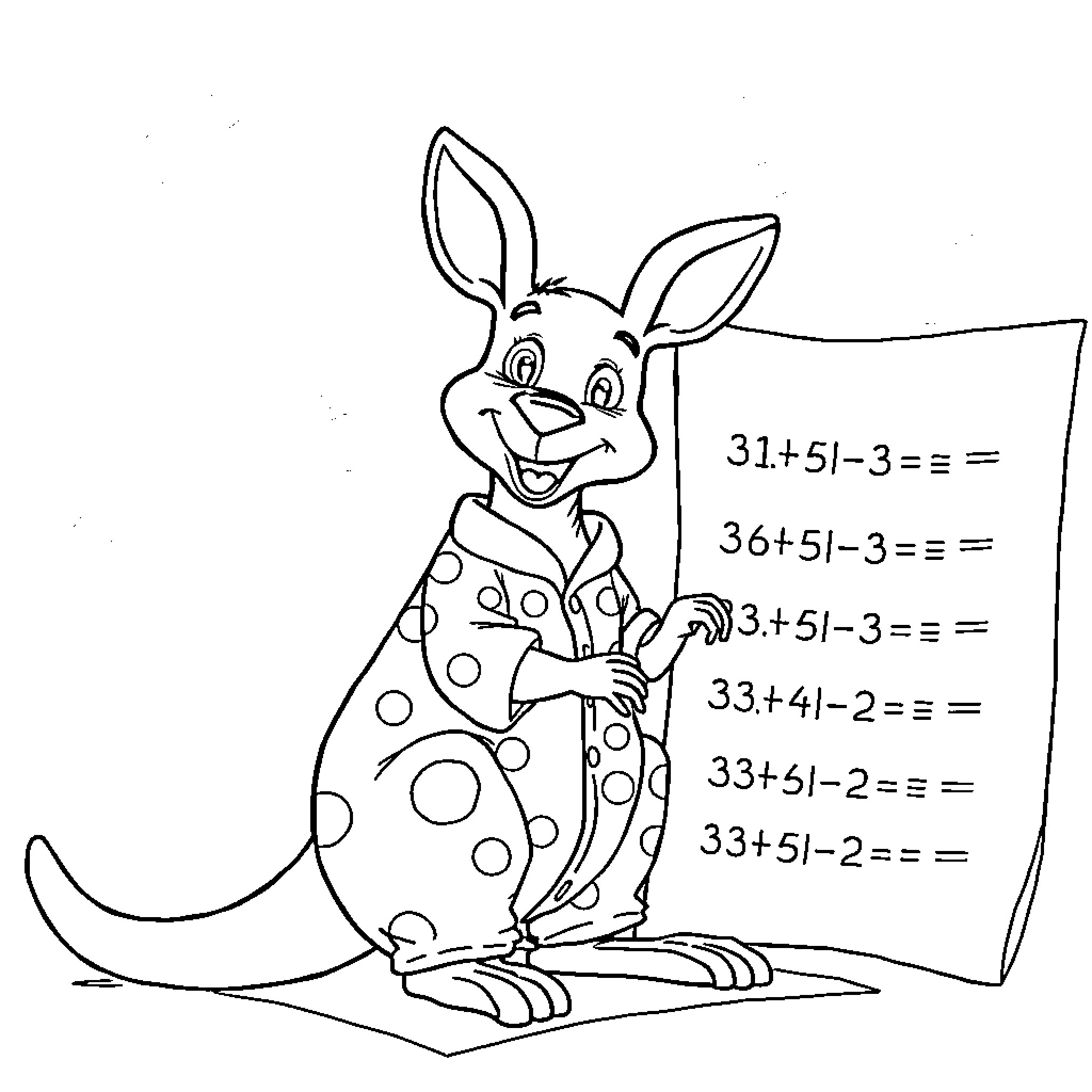 Kangaroo solving math problems cheerfully Coloring Page (free black-and-white line drawing printable PDF for all, from beginners to advanced learners, including children, teens, adults, and seniors)
