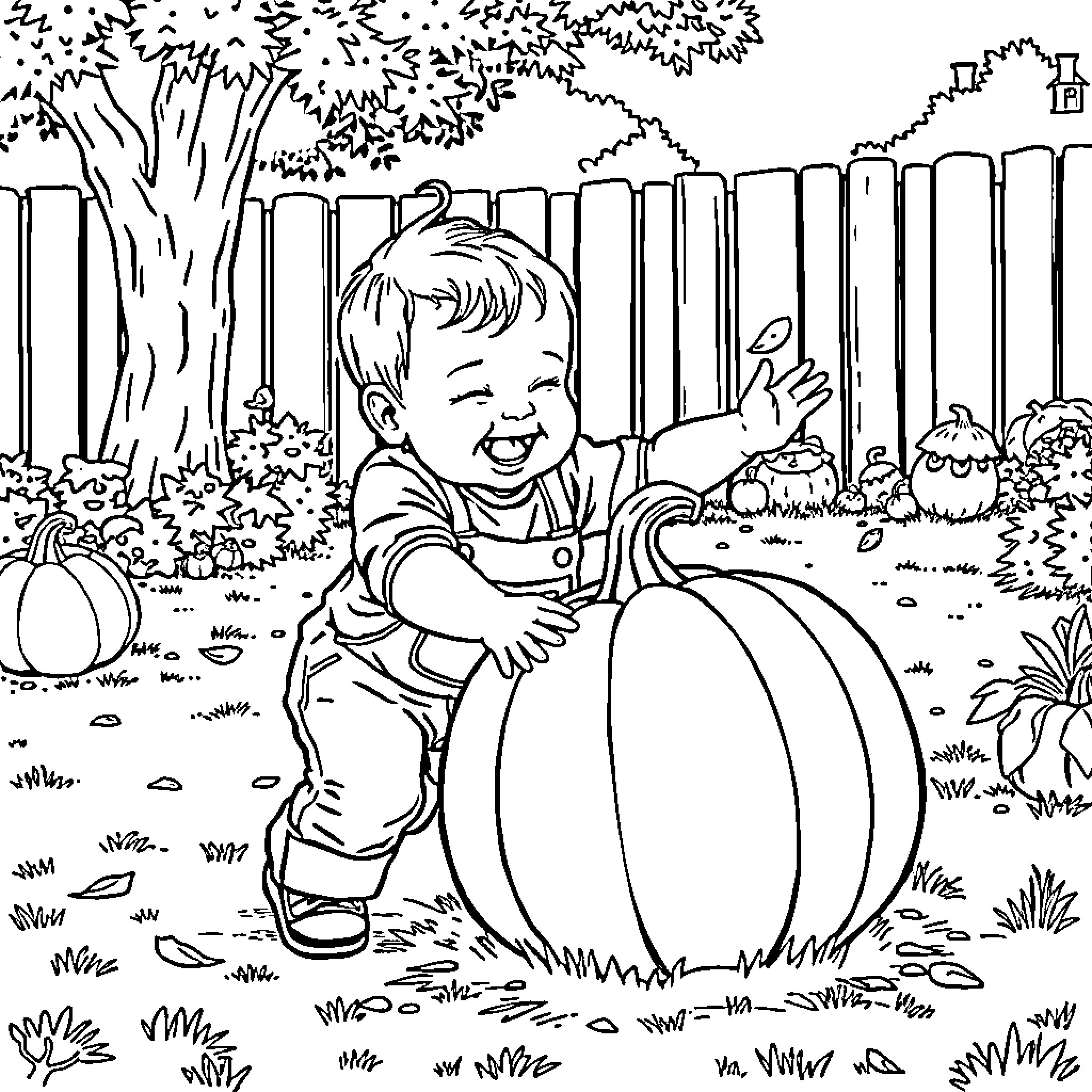 Toddler playing happily with a large pumpkin in the garden Coloring Page (free black-and-white line drawing printable PDF for all, from beginners to advanced learners, including children, teens, adults, and seniors)
