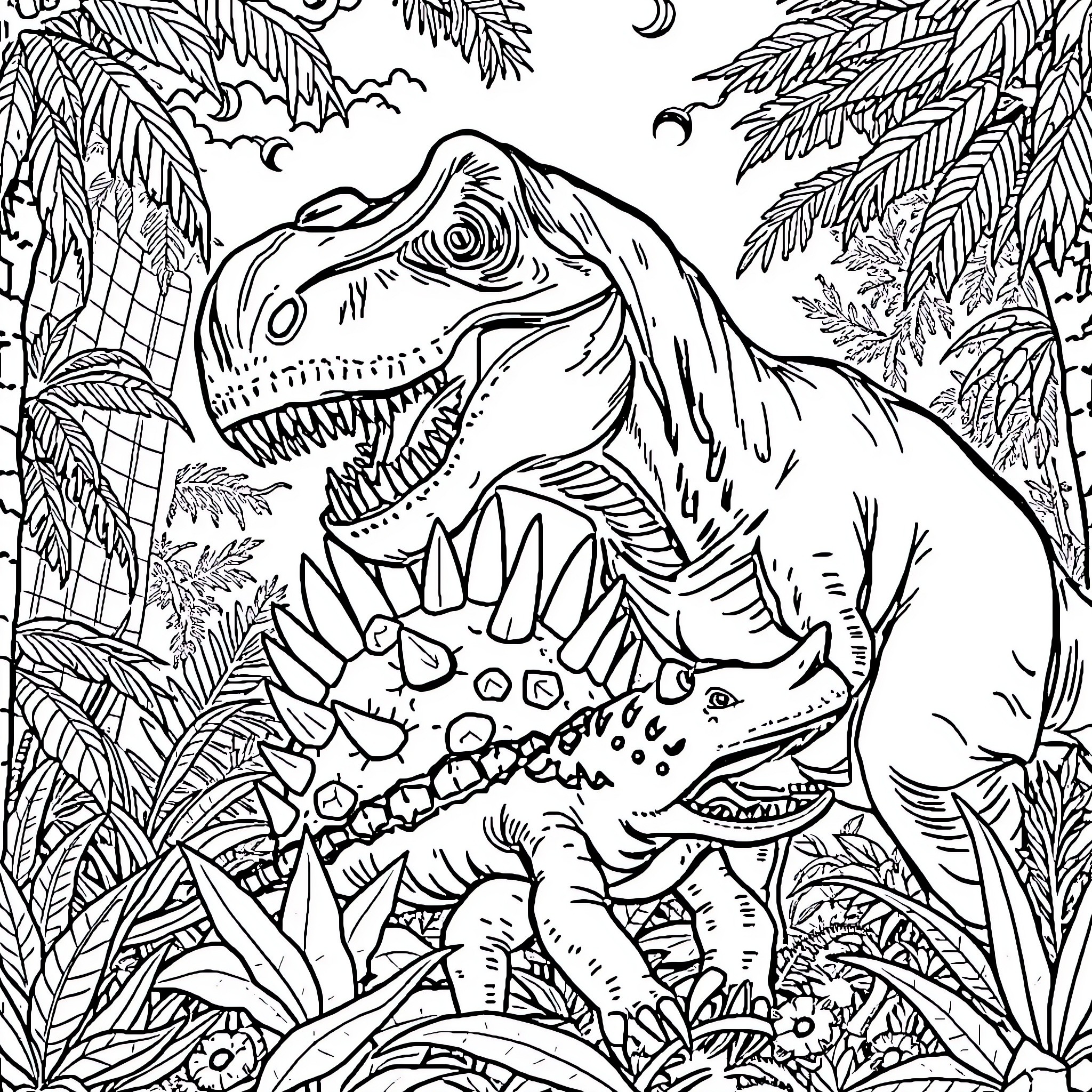 T-Rex Stalking Prey in Prehistoric Jungle Coloring Page (free black-and-white line drawing printable PDF for all, from beginners to advanced learners, including children, teens, adults, and seniors)