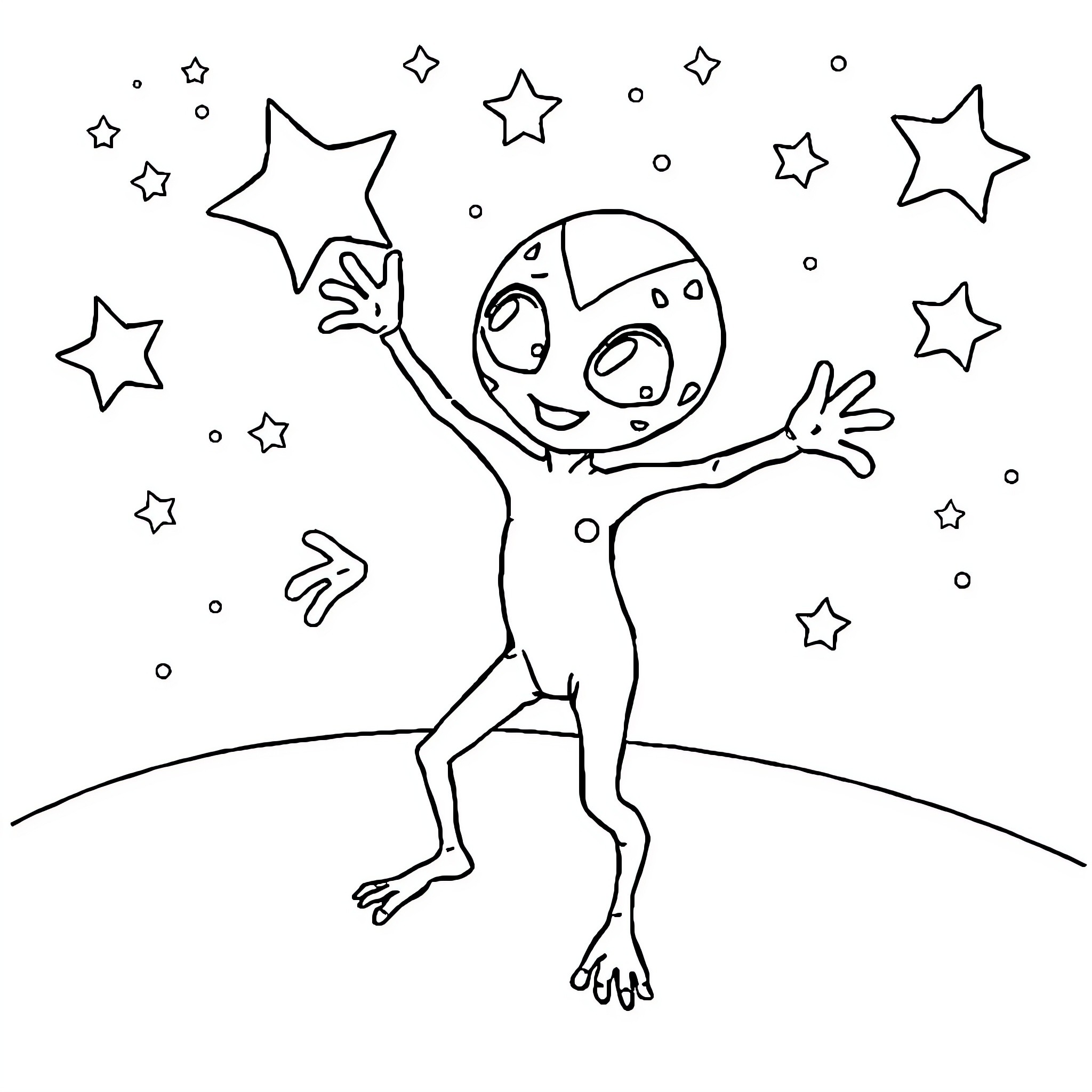Alien catching stars in the night sky Coloring Page (free black-and-white line drawing printable PDF for all, from beginners to advanced learners, including children, teens, adults, and seniors)