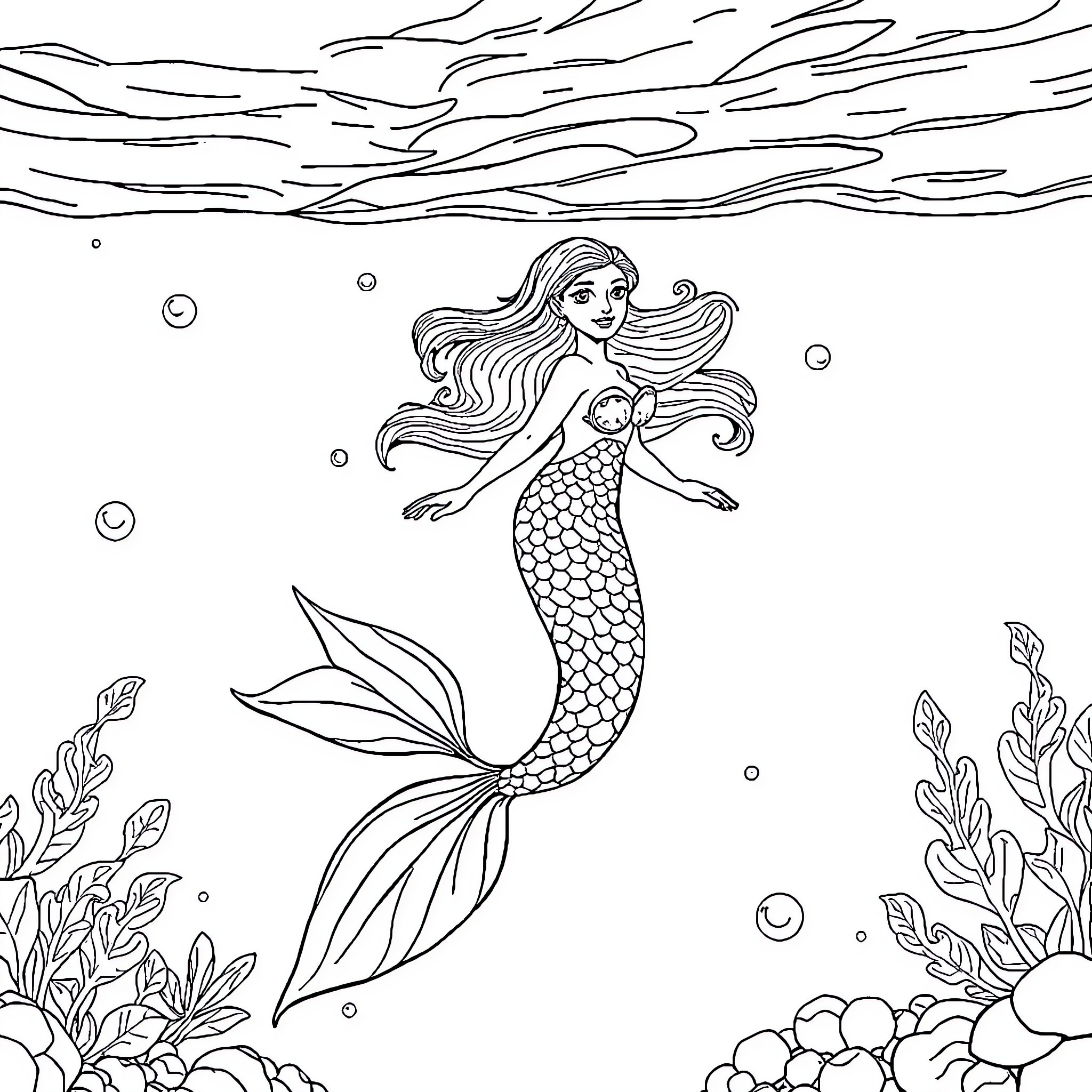 Mermaid swimming gracefully in the underwater sea Coloring Page (free black-and-white line drawing printable PDF for all, from beginners to advanced learners, including children, teens, adults, and seniors)