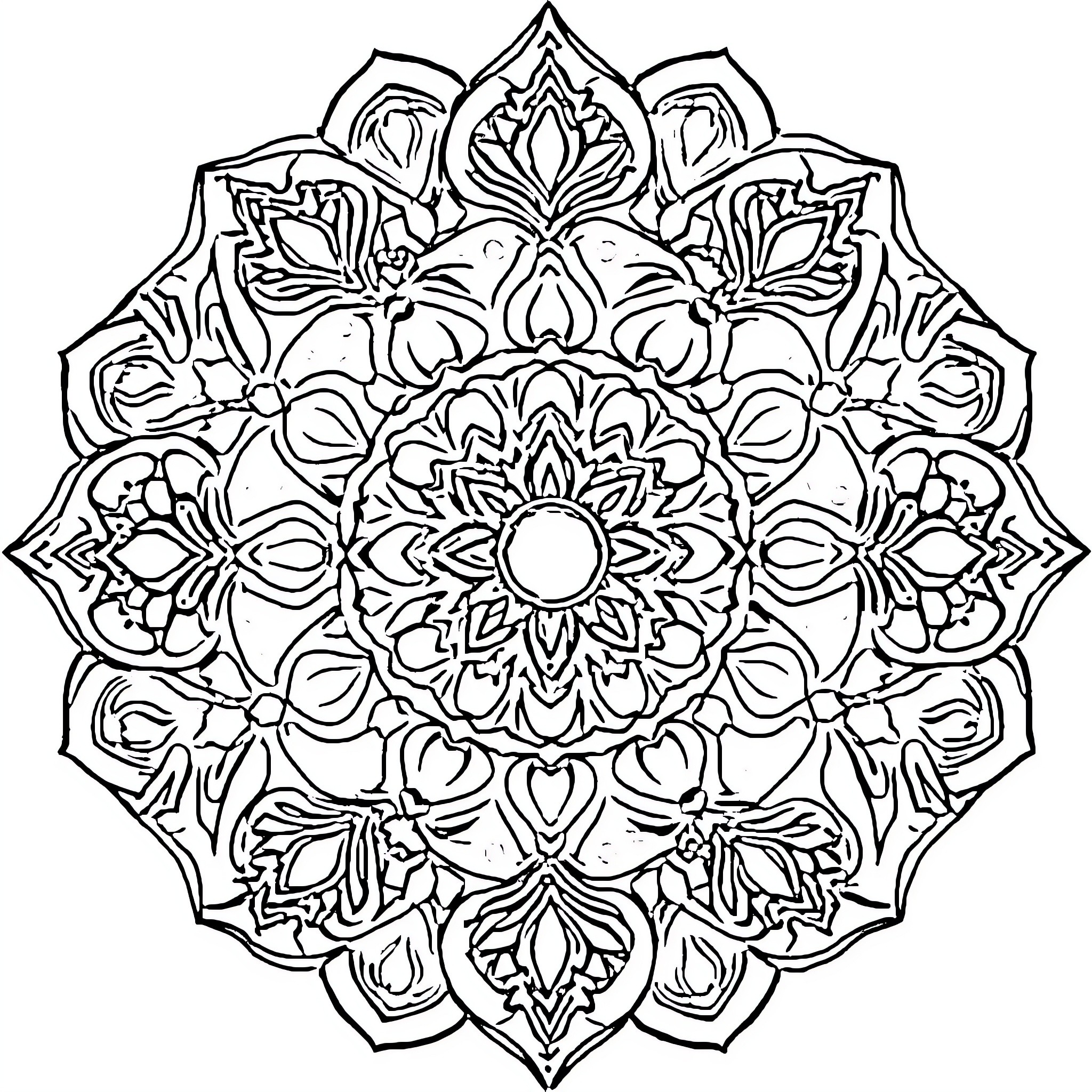 Mandala of intricate floral patterns and shapes Coloring Page (free black-and-white line drawing printable PDF for all, from beginners to advanced learners, including children, teens, adults, and seniors)