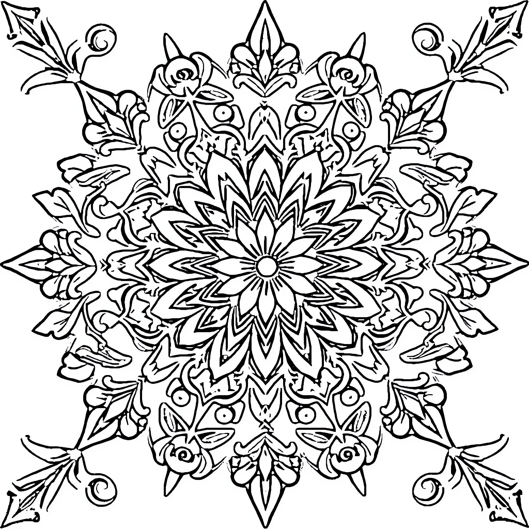 Geometric Pattern of Intricate Floral Designs Coloring Page (free black-and-white line drawing printable PDF for all, from beginners to advanced learners, including children, teens, adults, and seniors)