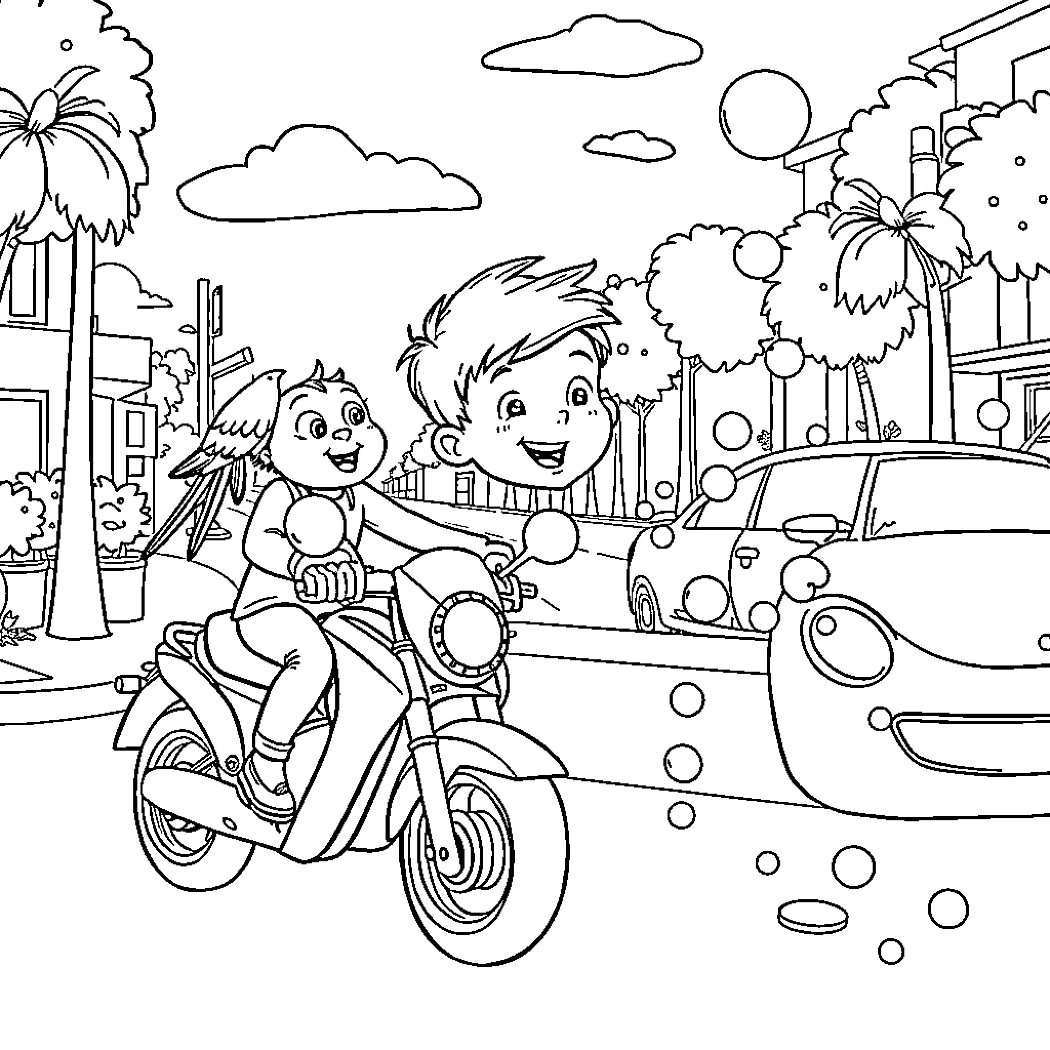 Kid riding scooter on city street Coloring Page (free black-and-white line drawing printable PDF for all, from beginners to advanced learners, including children, teens, adults, and seniors)