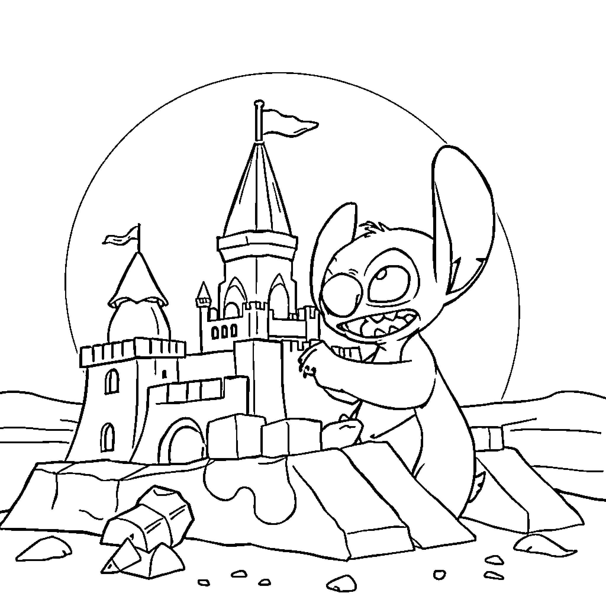 Capybara building a sandcastle at the beach Coloring Page (free black-and-white line drawing printable PDF for all, from beginners to advanced learners, including children, teens, adults, and seniors)