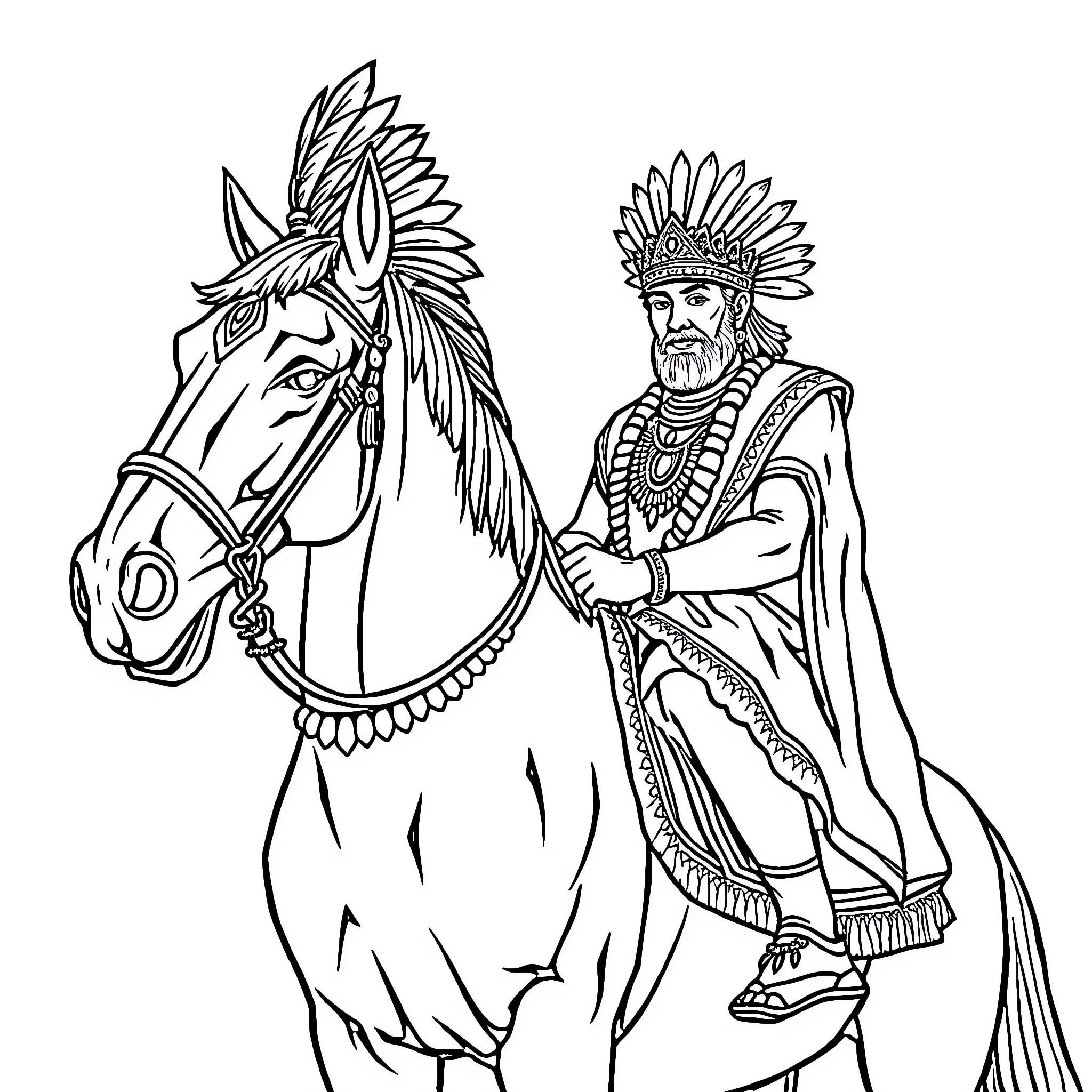 King on Horseback Wearing Ornate Regalia Coloring Page (free black-and-white line drawing printable PDF for all, from beginners to advanced learners, including children, teens, adults, and seniors)