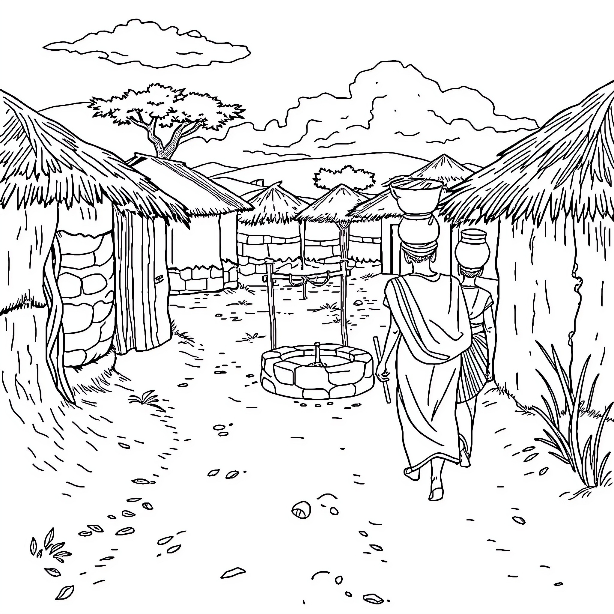 Woman walking through remote village landscape Coloring Page (free black-and-white line drawing printable PDF for all, from beginners to advanced learners, including children, teens, adults, and seniors)