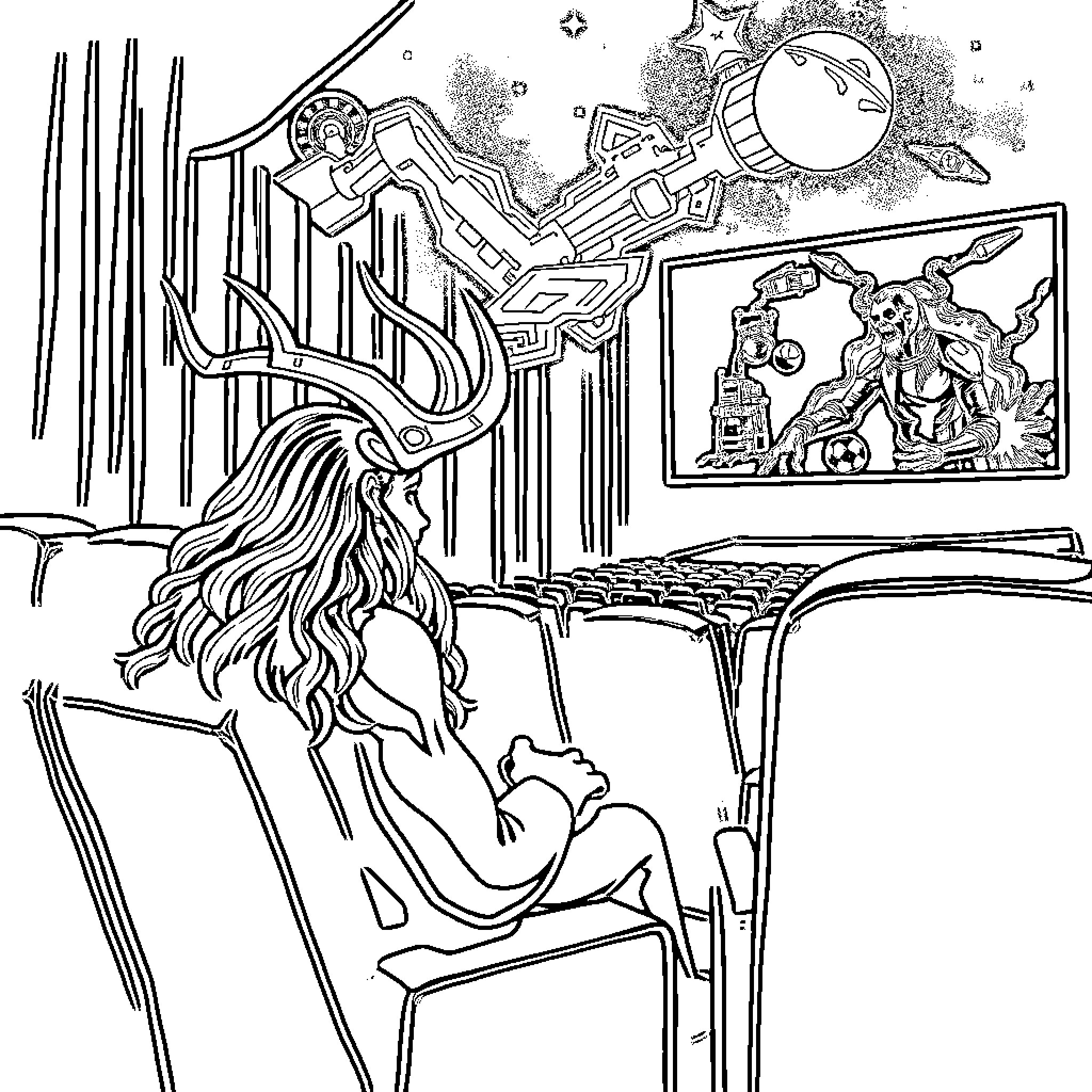 Orion's Cosmic Odyssey: A Galactic Adventure Coloring Page (free black-and-white line drawing printable PDF for all, from beginners to advanced learners, including children, teens, adults, and seniors)