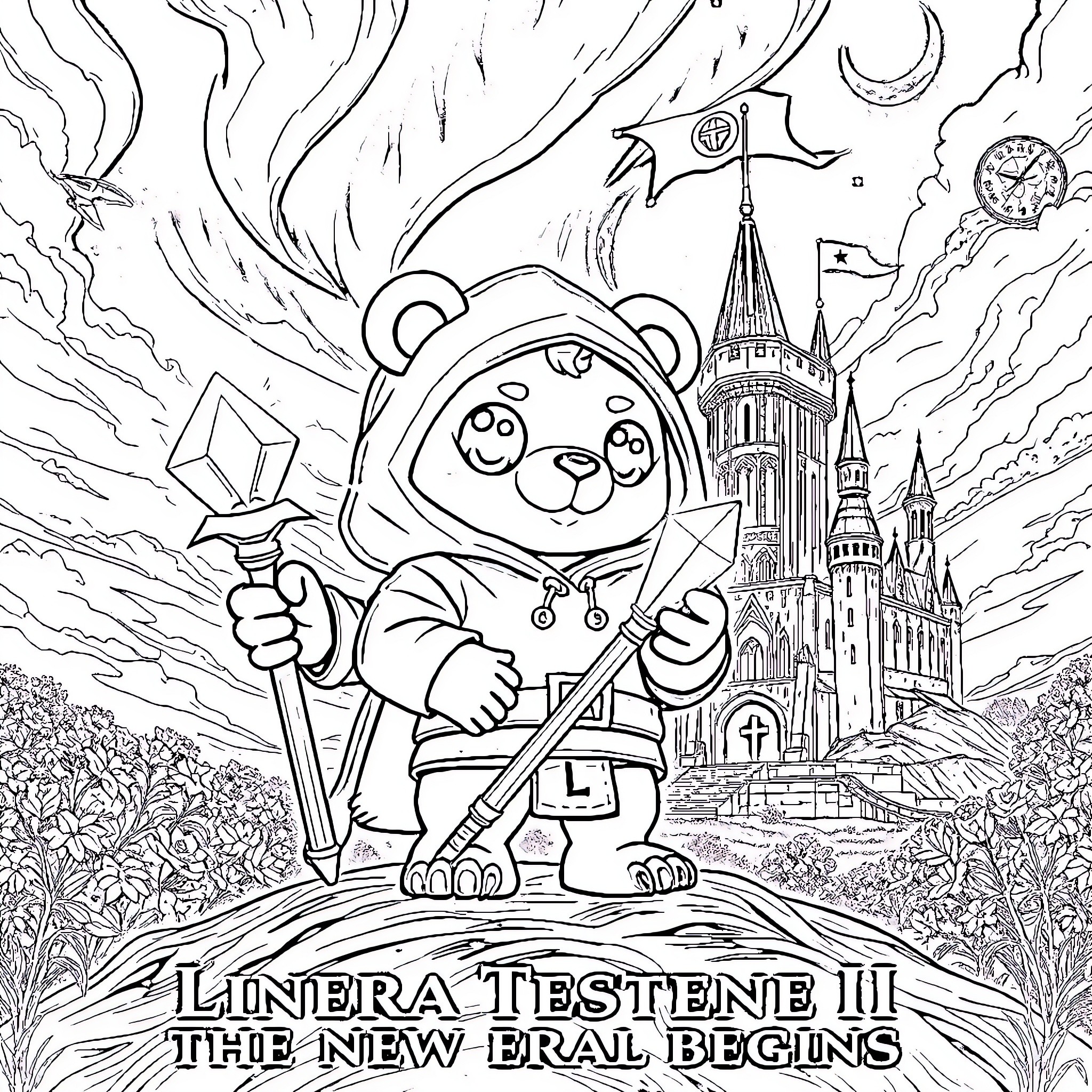 Chibi Bear on an Adventure in a Fantastical World Coloring Page (free black-and-white line drawing printable PDF for all, from beginners to advanced learners, including children, teens, adults, and seniors)