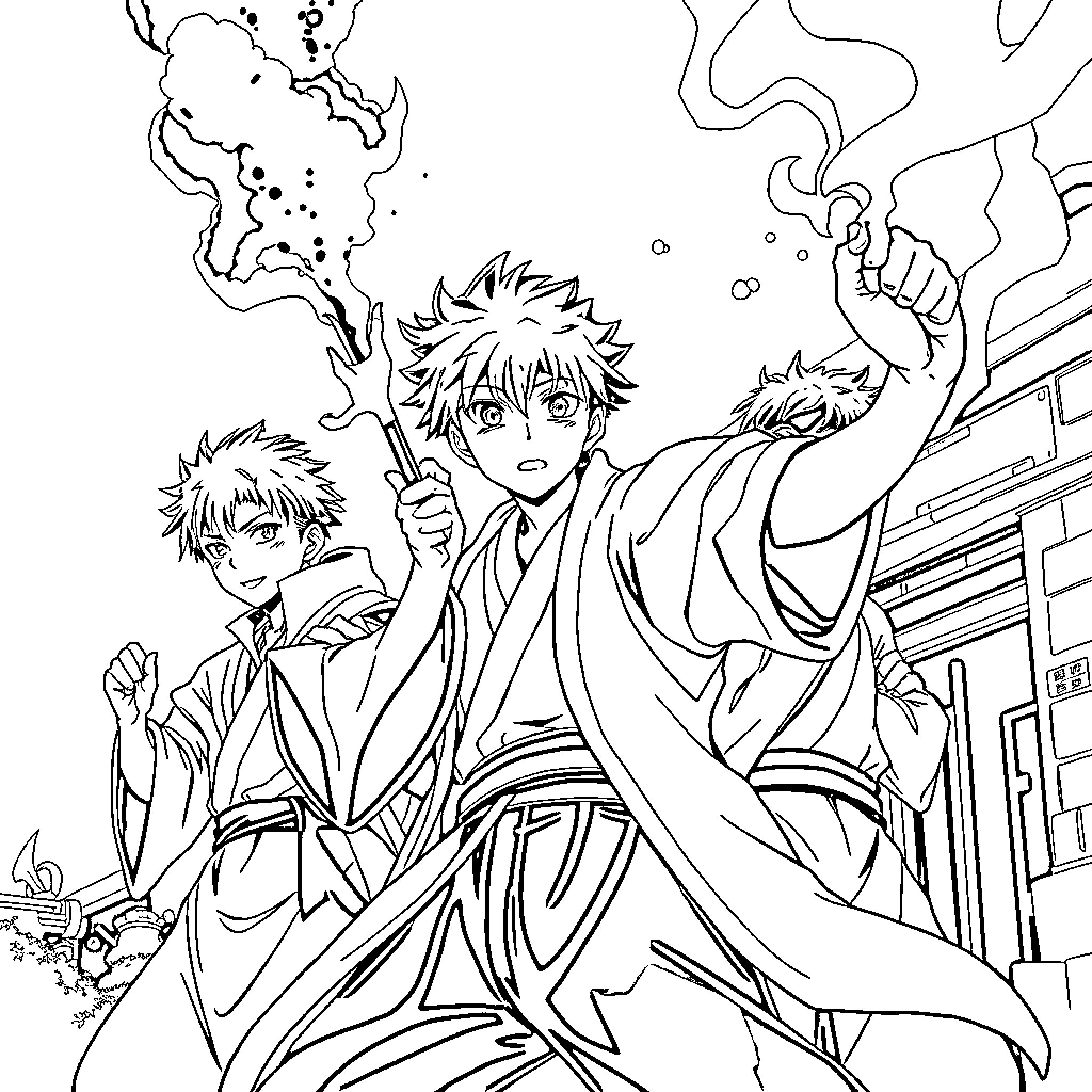 Jujutsu Kaisen: Powerful Characters in Action Coloring Page (free black-and-white line drawing printable PDF for all, from beginners to advanced learners, including children, teens, adults, and seniors)
