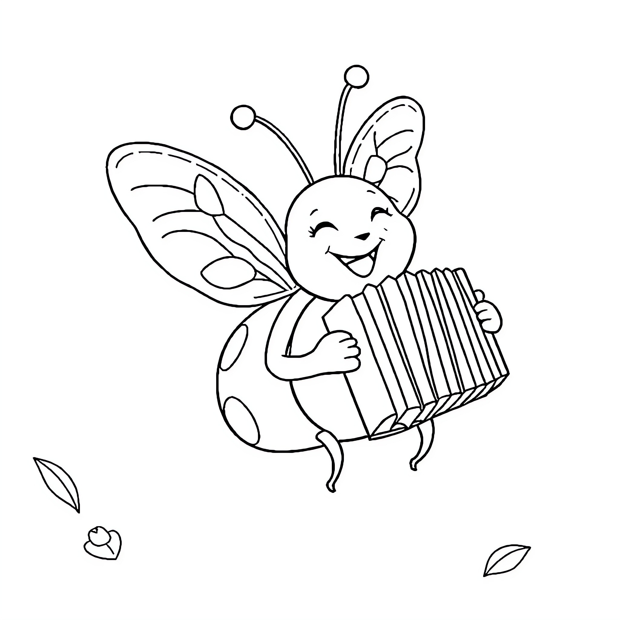 Pat the Cheerful Bee Playing the Accordion Coloring Page (free black-and-white line drawing printable PDF for all, from beginners to advanced learners, including children, teens, adults, and seniors)