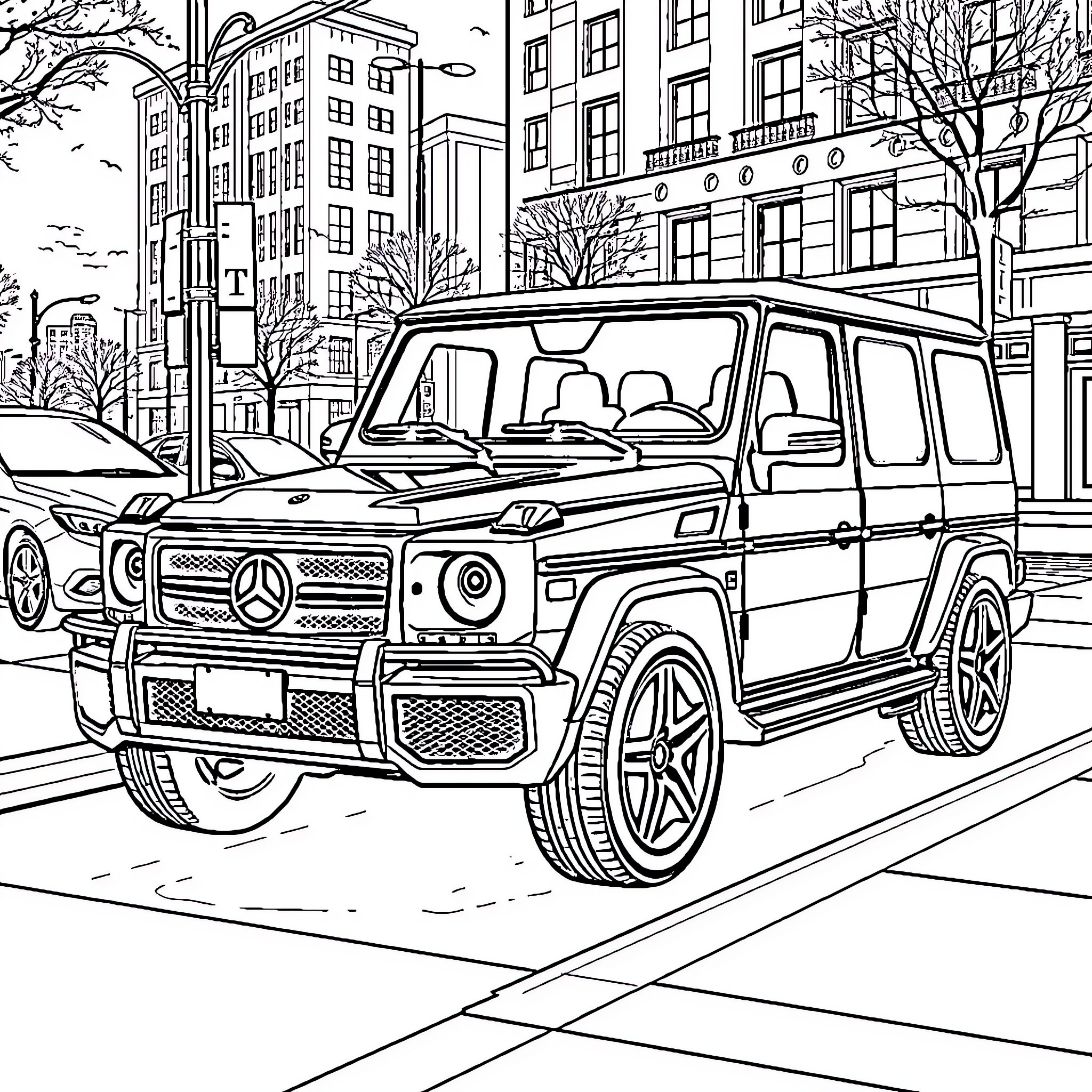 Mercedes-Benz SUV driving through the city Coloring Page (free black-and-white line drawing printable PDF for all, from beginners to advanced learners, including children, teens, adults, and seniors)