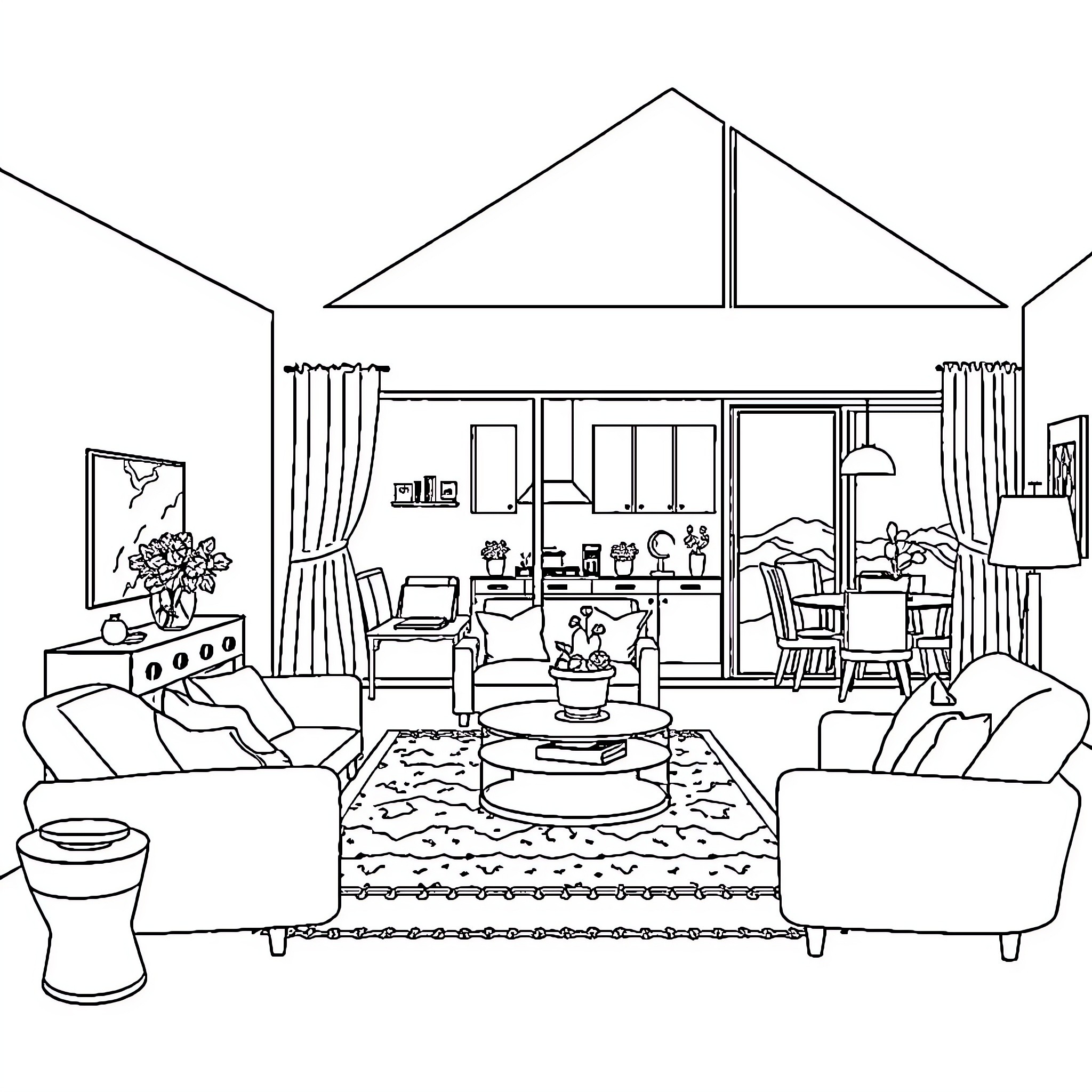 House Parts Depicting Furnished Living Room Coloring Page (free black-and-white line drawing printable PDF for all, from beginners to advanced learners, including children, teens, adults, and seniors)
