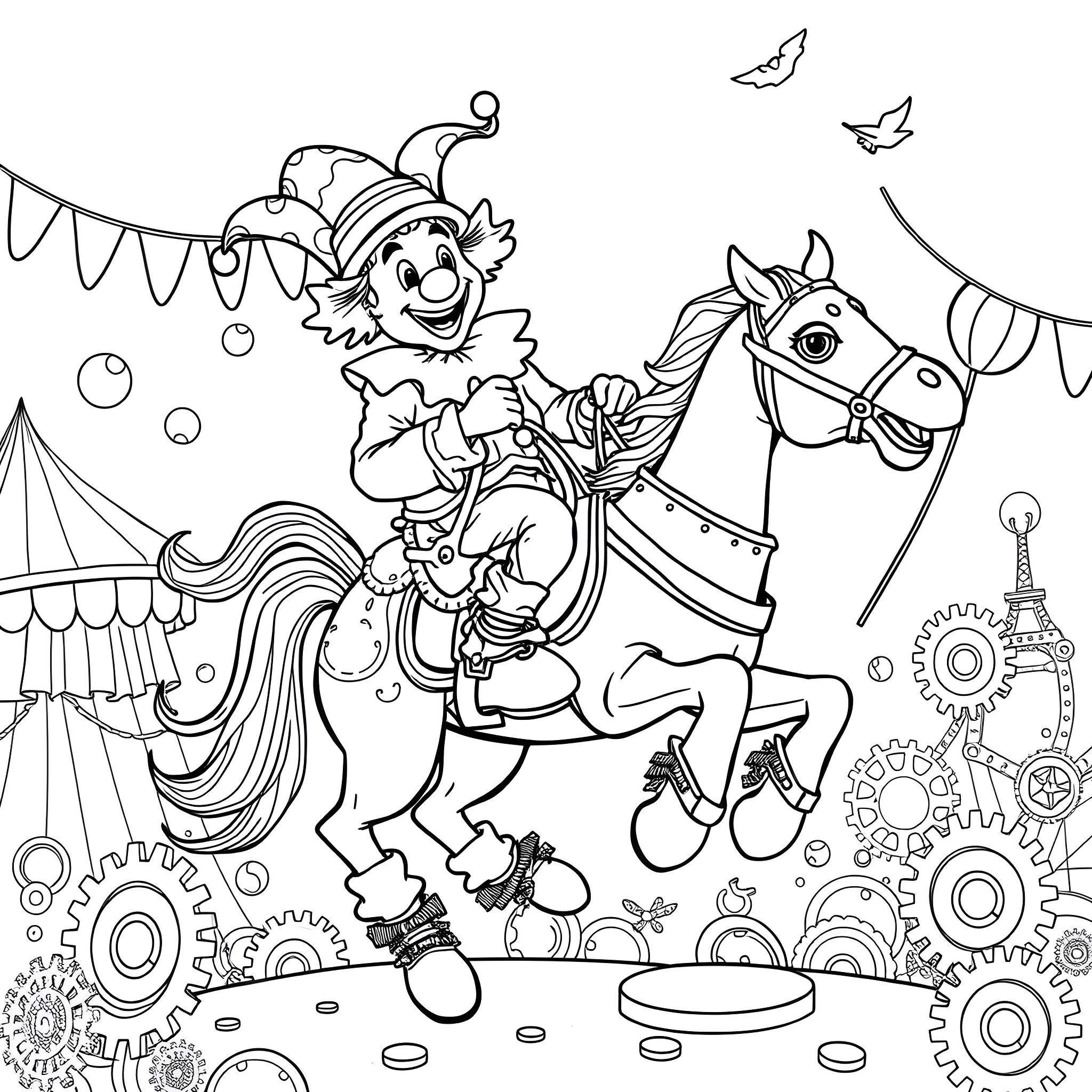 Clown riding a horse at the carnival Coloring Page (free black-and-white line drawing printable PDF for all, from beginners to advanced learners, including children, teens, adults, and seniors)