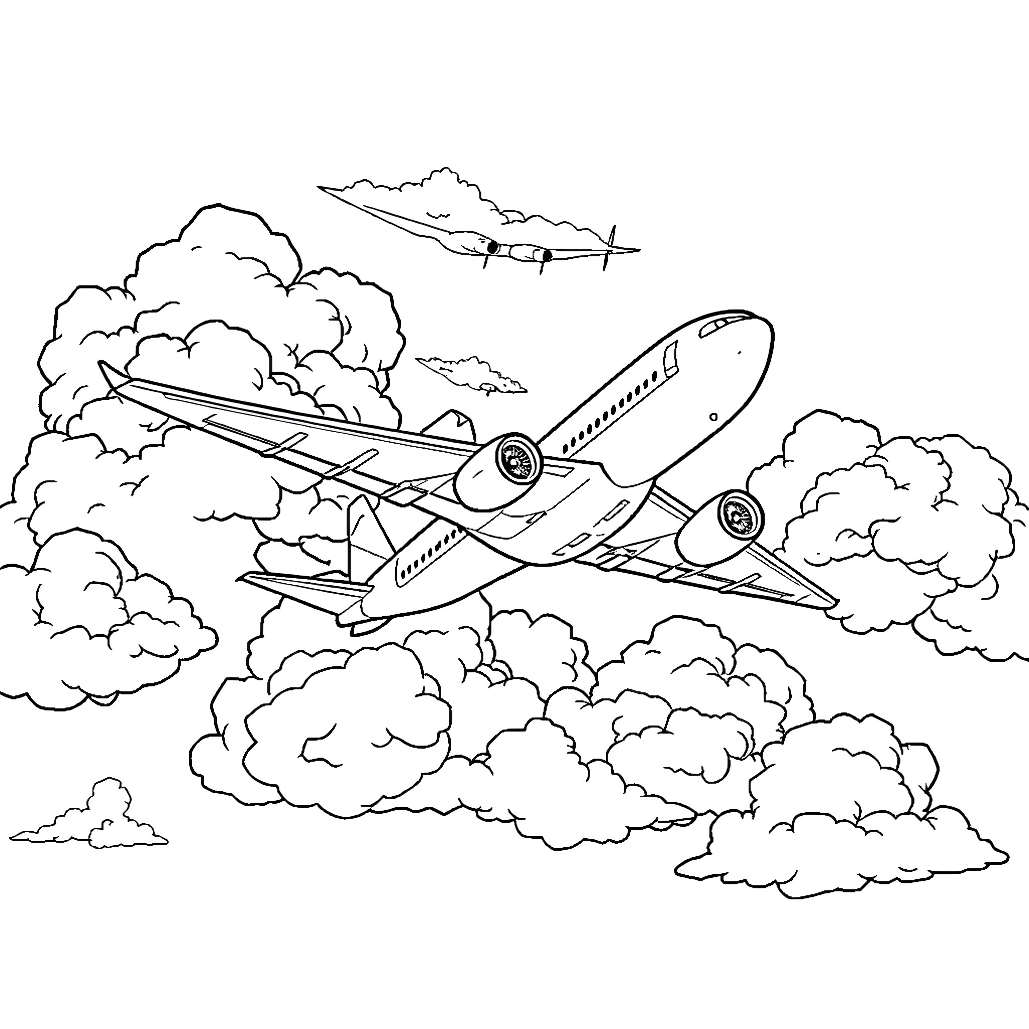 Airplane soaring through clouds in flight Coloring Page (free black-and-white line drawing printable PDF for all, from beginners to advanced learners, including children, teens, adults, and seniors)